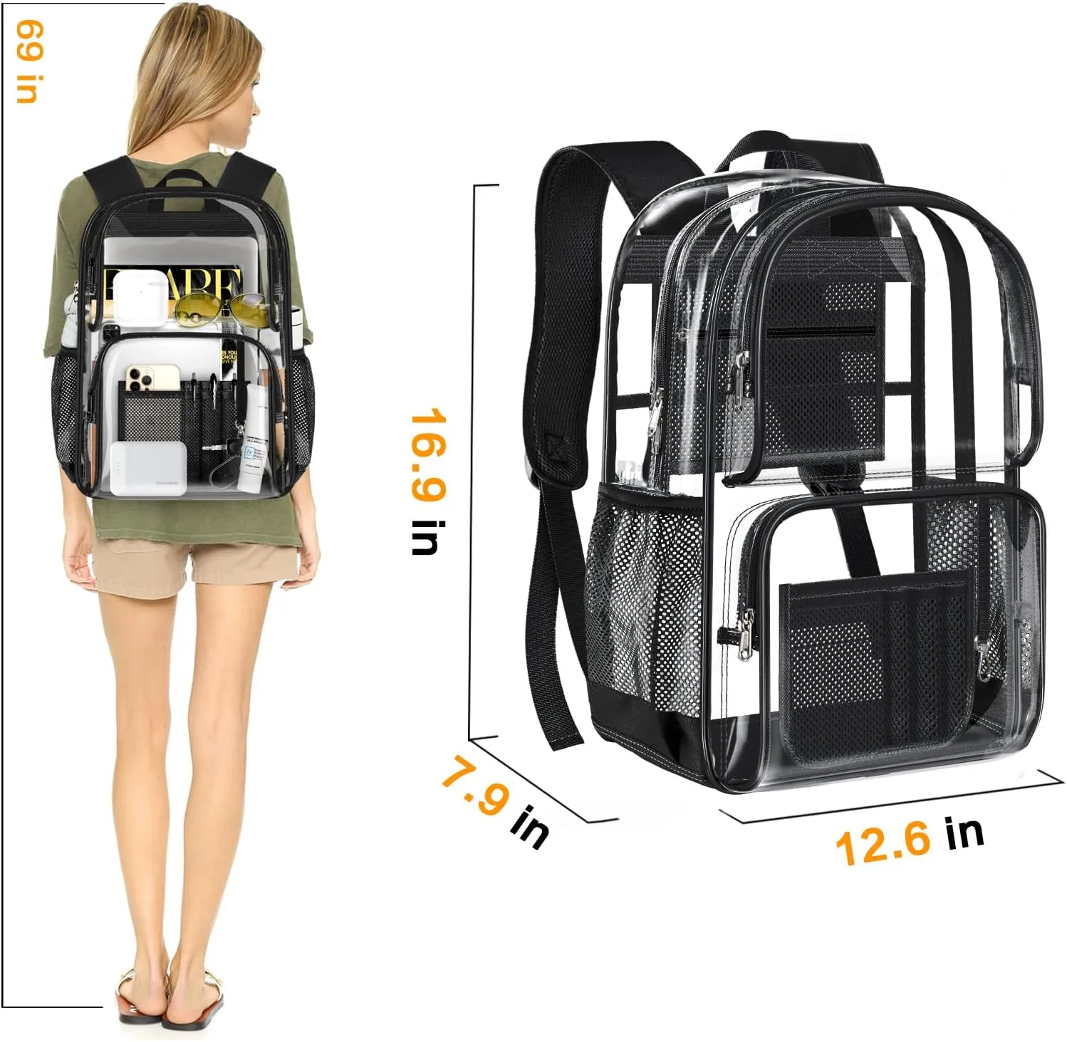 PAMANO Clear Backpack Heavy Duty Transparent See Through Bag for College Work Travel Security,Black