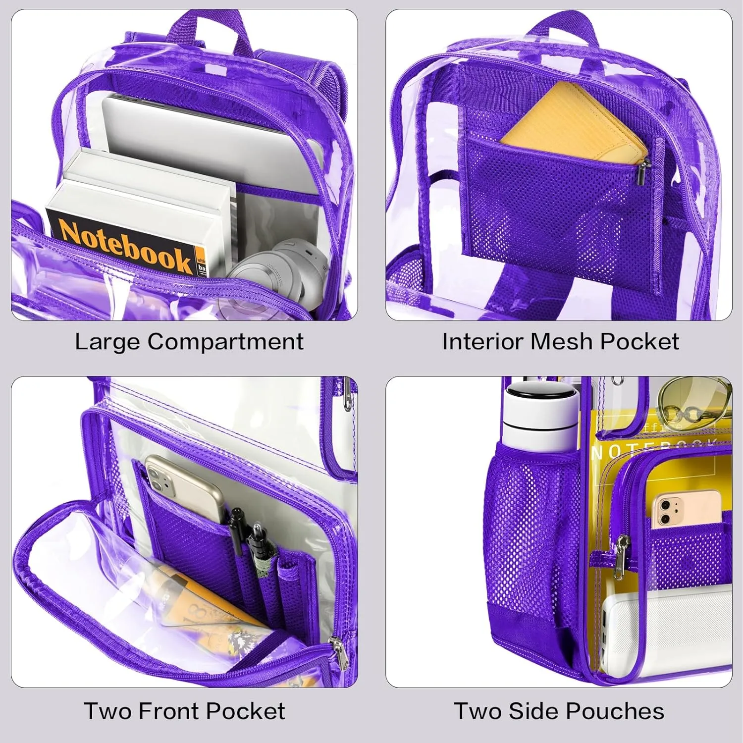 PAMANO Clear Backpack Heavy Duty Transparent See Through Bag for College Work Travel Security,Purple