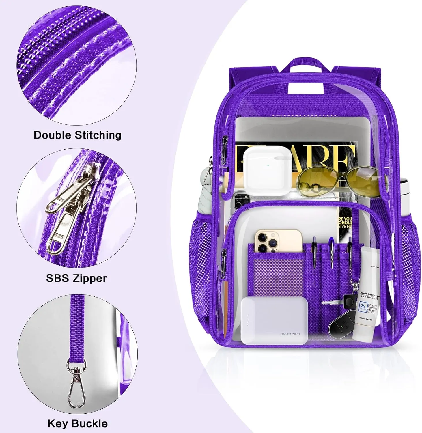 PAMANO Clear Backpack Heavy Duty Transparent See Through Bag for College Work Travel Security,Purple