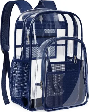 PAMANO Clear Backpack Transparent Heavy Duty See Through Bag for College Work Stadium Concert Travel Security, Navy