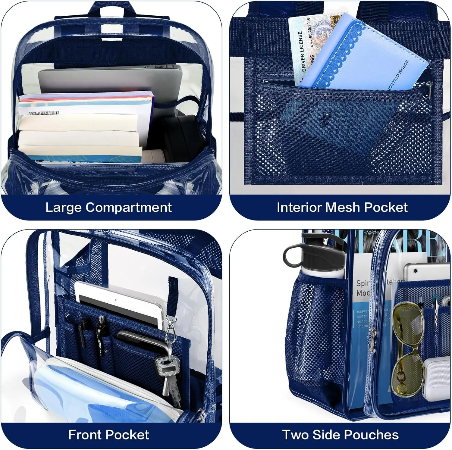 PAMANO Clear Backpack Transparent Heavy Duty See Through Bag for College Work Stadium Concert Travel Security, Navy