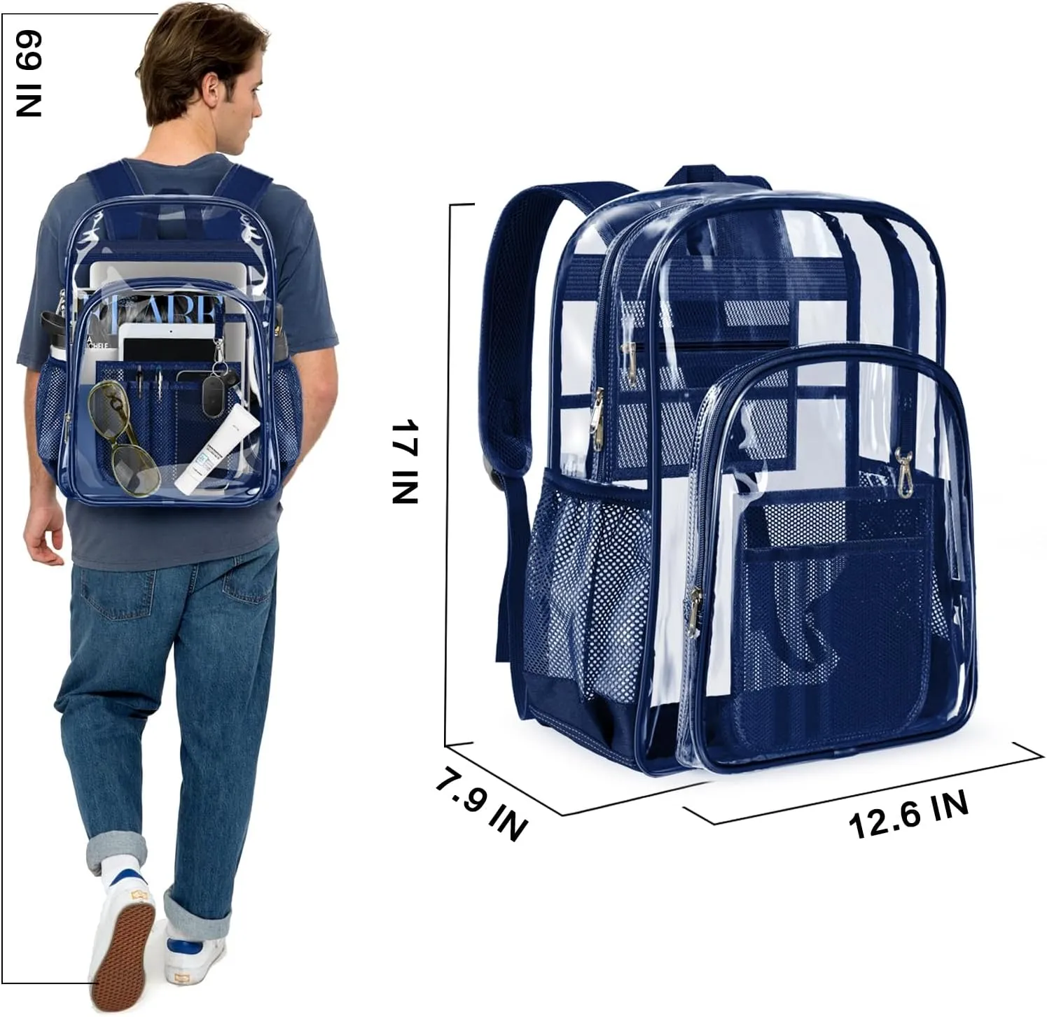 PAMANO Clear Backpack Transparent Heavy Duty See Through Bag for College Work Stadium Concert Travel Security, Navy