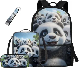 Panda Backpack and Lunch Box Set Kawaii Bookbag with Water Bottle Holder Cute School Bag for 6th Grade Boys 4 Pcs Elementary Book Bag with Lunchbox