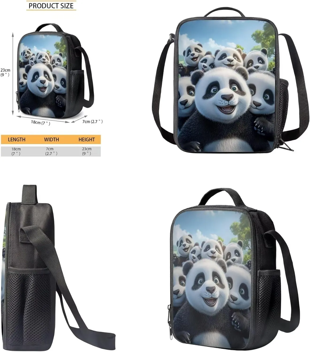 Panda Backpack and Lunch Box Set Kawaii Bookbag with Water Bottle Holder Cute School Bag for 6th Grade Boys 4 Pcs Elementary Book Bag with Lunchbox