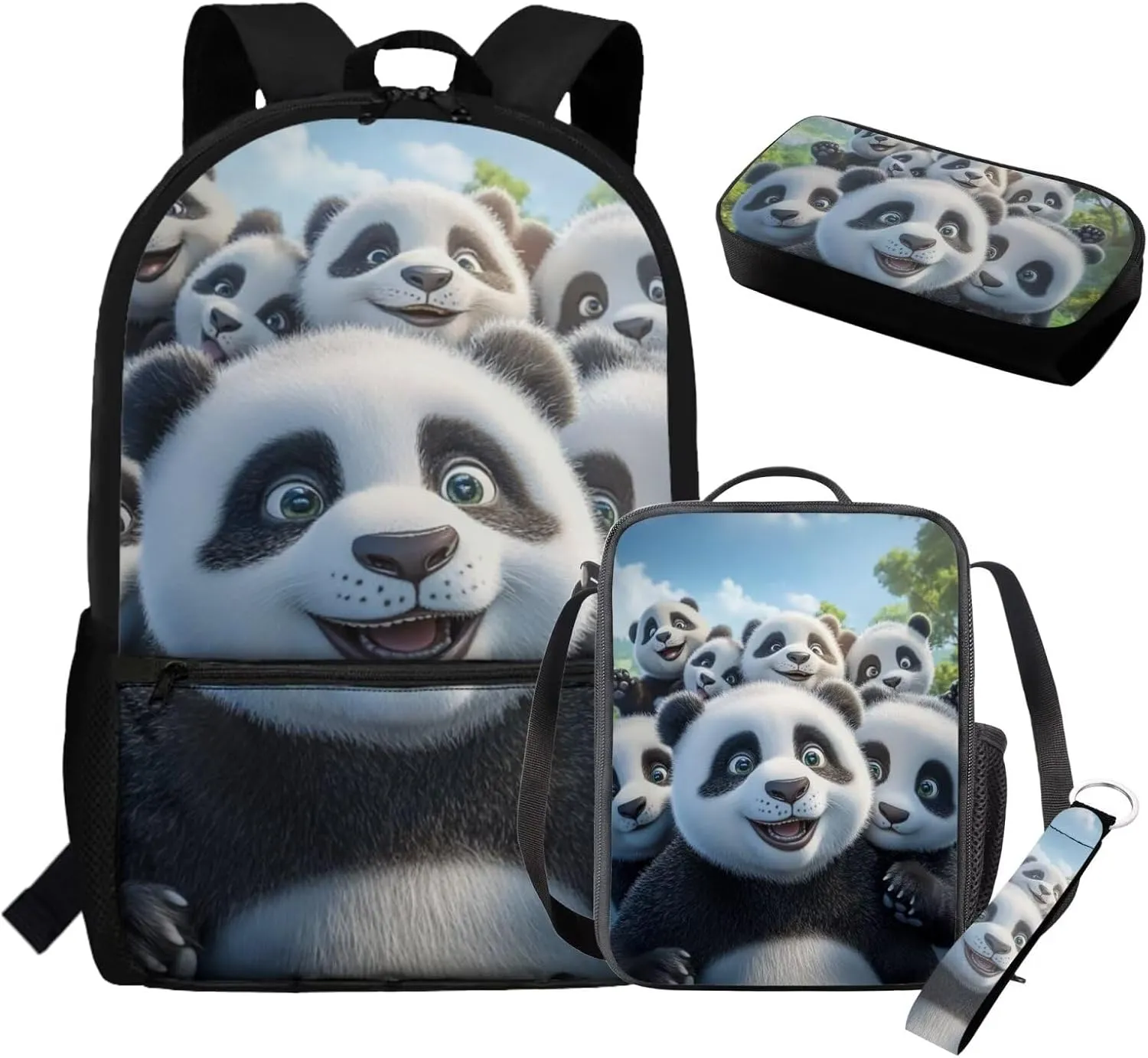 Panda Backpack and Lunch Box Set Kawaii Bookbag with Water Bottle Holder Cute School Bag for 6th Grade Boys 4 Pcs Elementary Book Bag with Lunchbox
