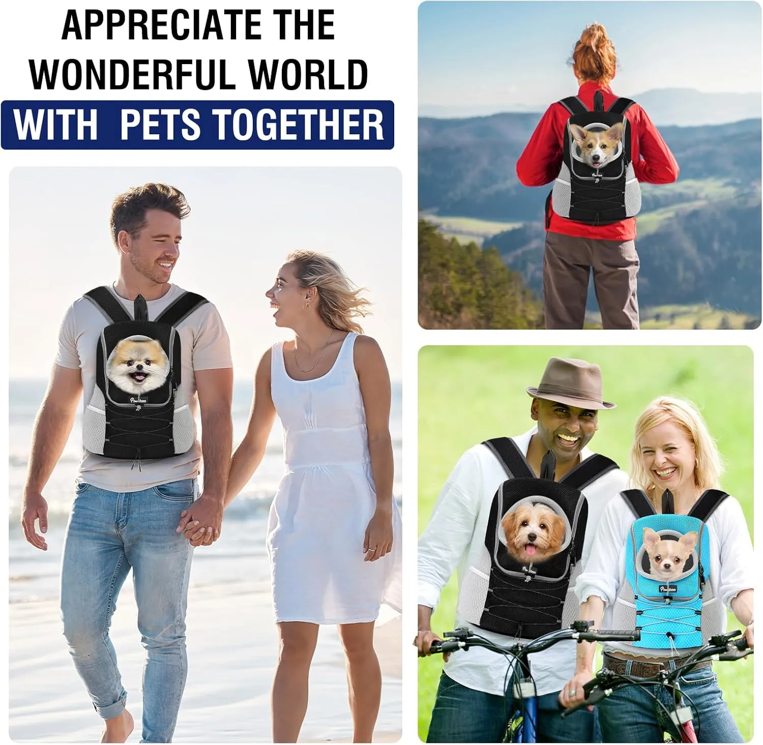 Pawaboo Pet Dog Carrier Backpack, Puppy Dog Travel Front Carrier for Small Medium Dogs Cats, Adjustable Breathable Dog Carrying Backpack with Safety Strips for Hiking, Walking (Black L Up to 14 lbs)