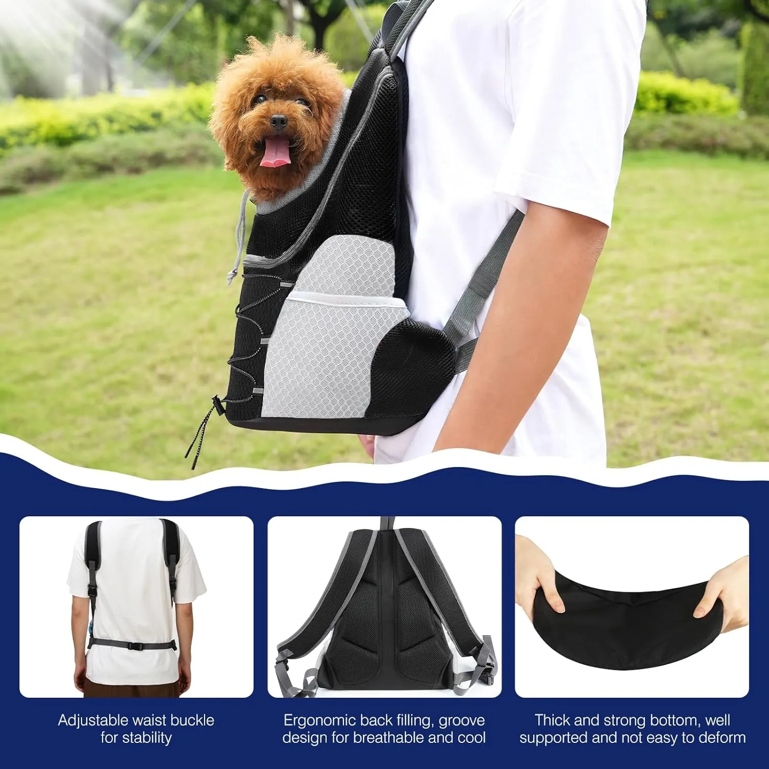 Pawaboo Pet Dog Carrier Backpack, Puppy Dog Travel Front Carrier for Small Medium Dogs Cats, Adjustable Breathable Dog Carrying Backpack with Safety Strips for Hiking, Walking (Black L Up to 14 lbs)