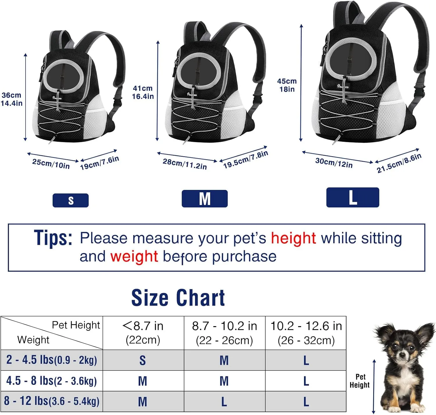 Pawaboo Pet Dog Carrier Backpack, Puppy Dog Travel Front Carrier for Small Medium Dogs Cats, Adjustable Breathable Dog Carrying Backpack with Safety Strips for Hiking, Walking (Black L Up to 14 lbs)