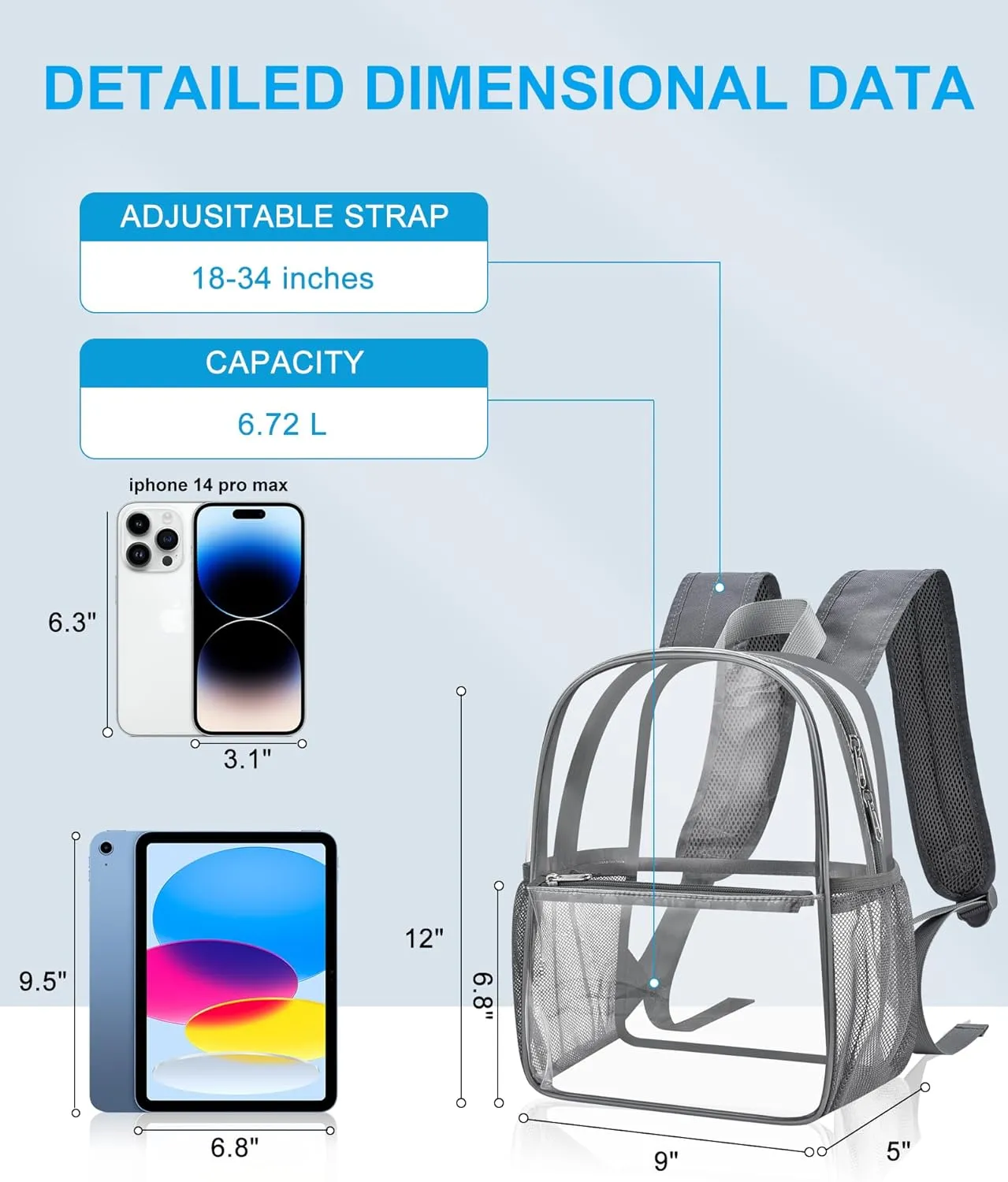 Paxiland Clear Backpack Stadium Approved, Size 12x9x4 Small Clear Bag for Stadium Events with Front Pocket, See Through Backpack for Sport Events Concert, Grey