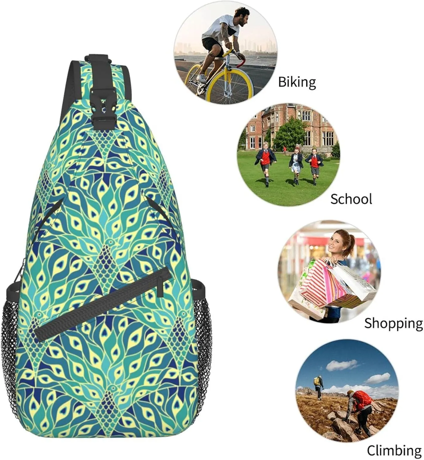 Peacock Shoulder Bag Cute Sling Backpack Daypack Casual Feather Hiking Bag Womens Backpack Bag Animal Bag