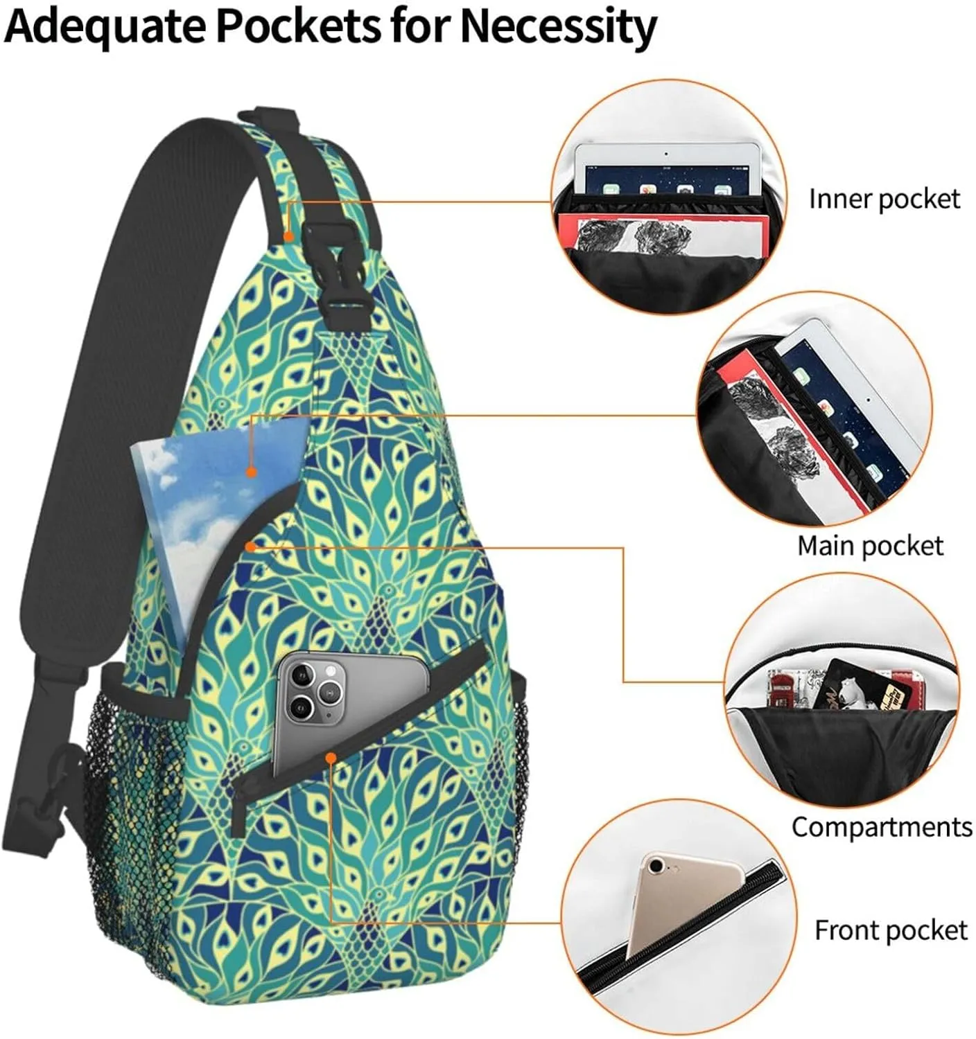 Peacock Shoulder Bag Cute Sling Backpack Daypack Casual Feather Hiking Bag Womens Backpack Bag Animal Bag