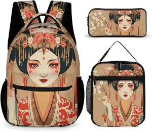 Peking Opera Actress 3 Pcs Backpack Set Travel Bag Laptop Backpack with Lunch Bag Pencil Bag Casual Daypack