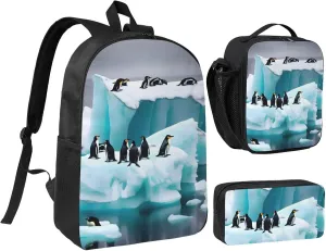 Penguins On The Iceberg print 3PCS Backpack for Men Women Aesthetic 17 Inches Bookbag with Lunch Box Pencil Bag