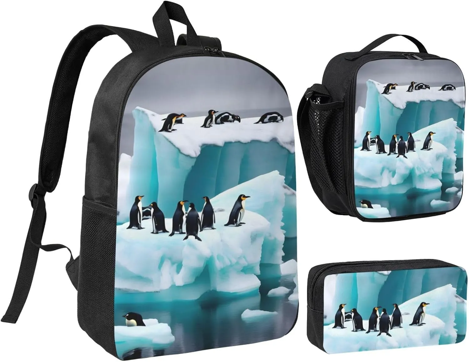 Penguins On The Iceberg print 3PCS Backpack for Men Women Aesthetic 17 Inches Bookbag with Lunch Box Pencil Bag