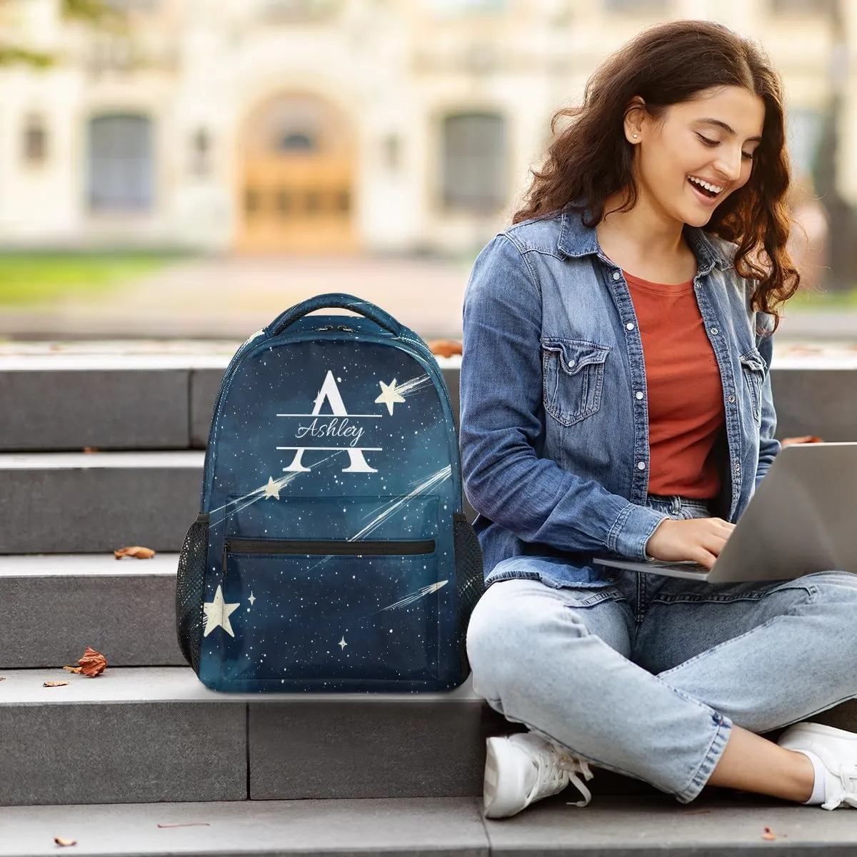 Personalized Backpack with Initial & Name Customized Shoulder Bag for Women Waterproof Travel Casual Daypack Gifts 16in, Starry Galaxy