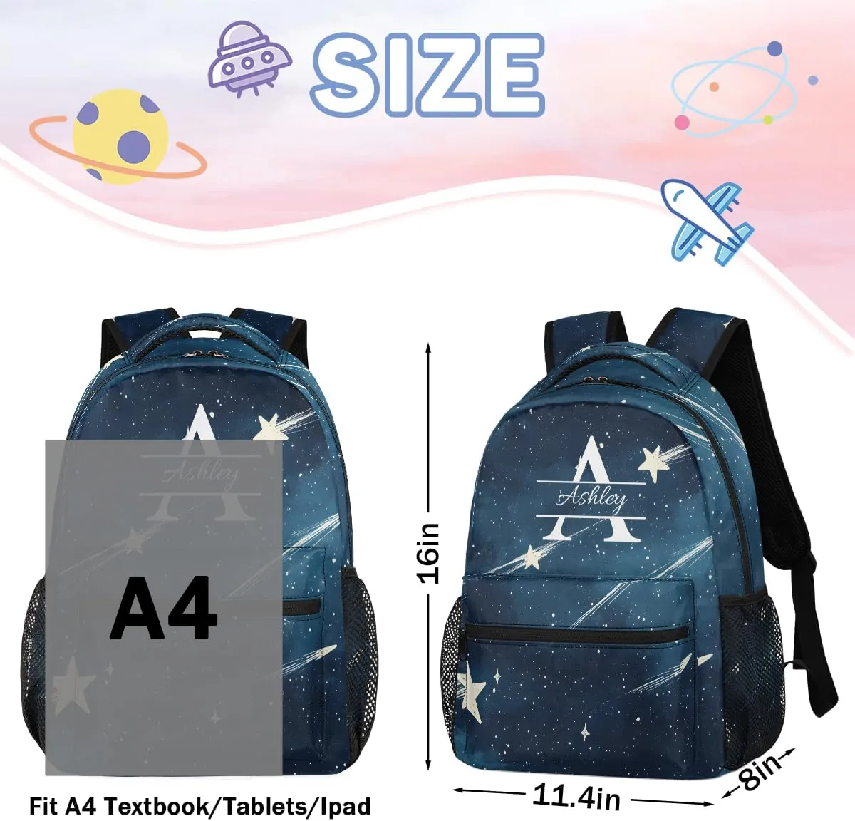 Personalized Backpack with Initial & Name Customized Shoulder Bag for Women Waterproof Travel Casual Daypack Gifts 16in, Starry Galaxy