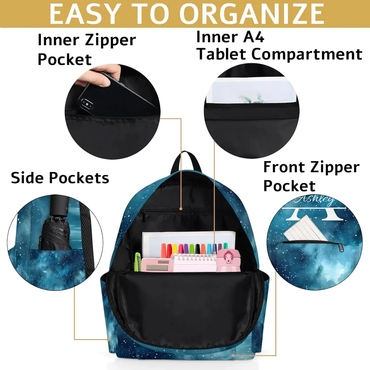 Personalized Backpack with Initial & Name Personalized Shoulder Bag for Women Men Waterproof Travel Casual Daypack 15.1in, Starry Night Sky