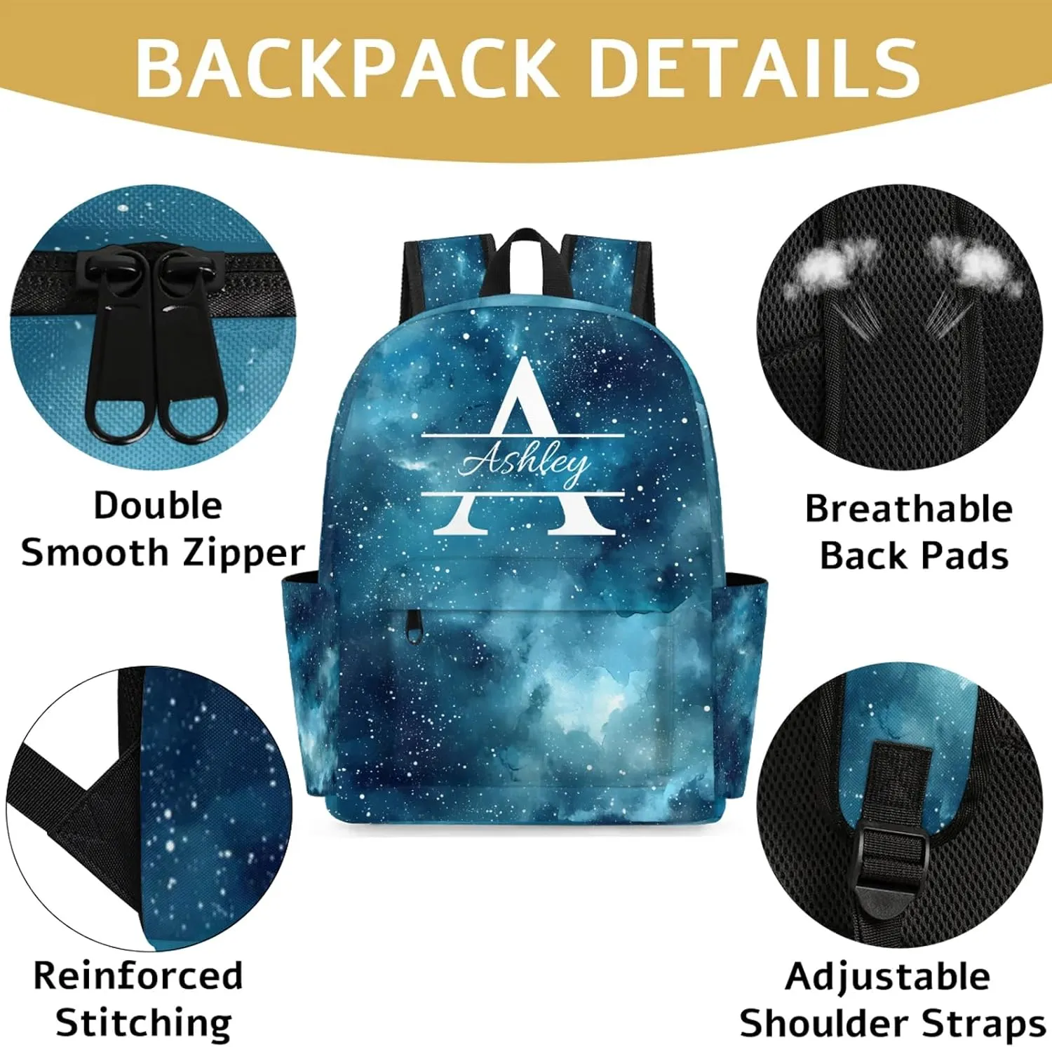 Personalized Backpack with Initial & Name Personalized Shoulder Bag for Women Men Waterproof Travel Casual Daypack 15.1in, Starry Night Sky