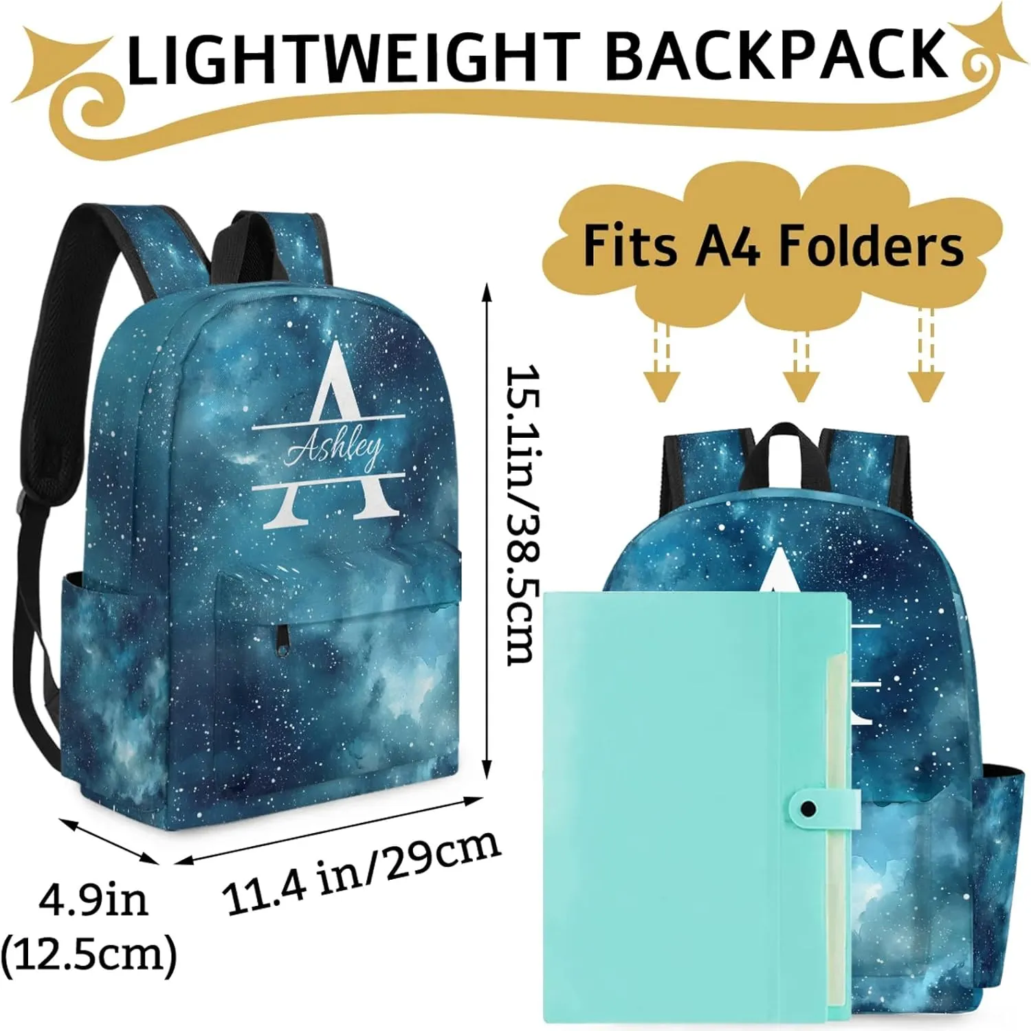Personalized Backpack with Initial & Name Personalized Shoulder Bag for Women Men Waterproof Travel Casual Daypack 15.1in, Starry Night Sky