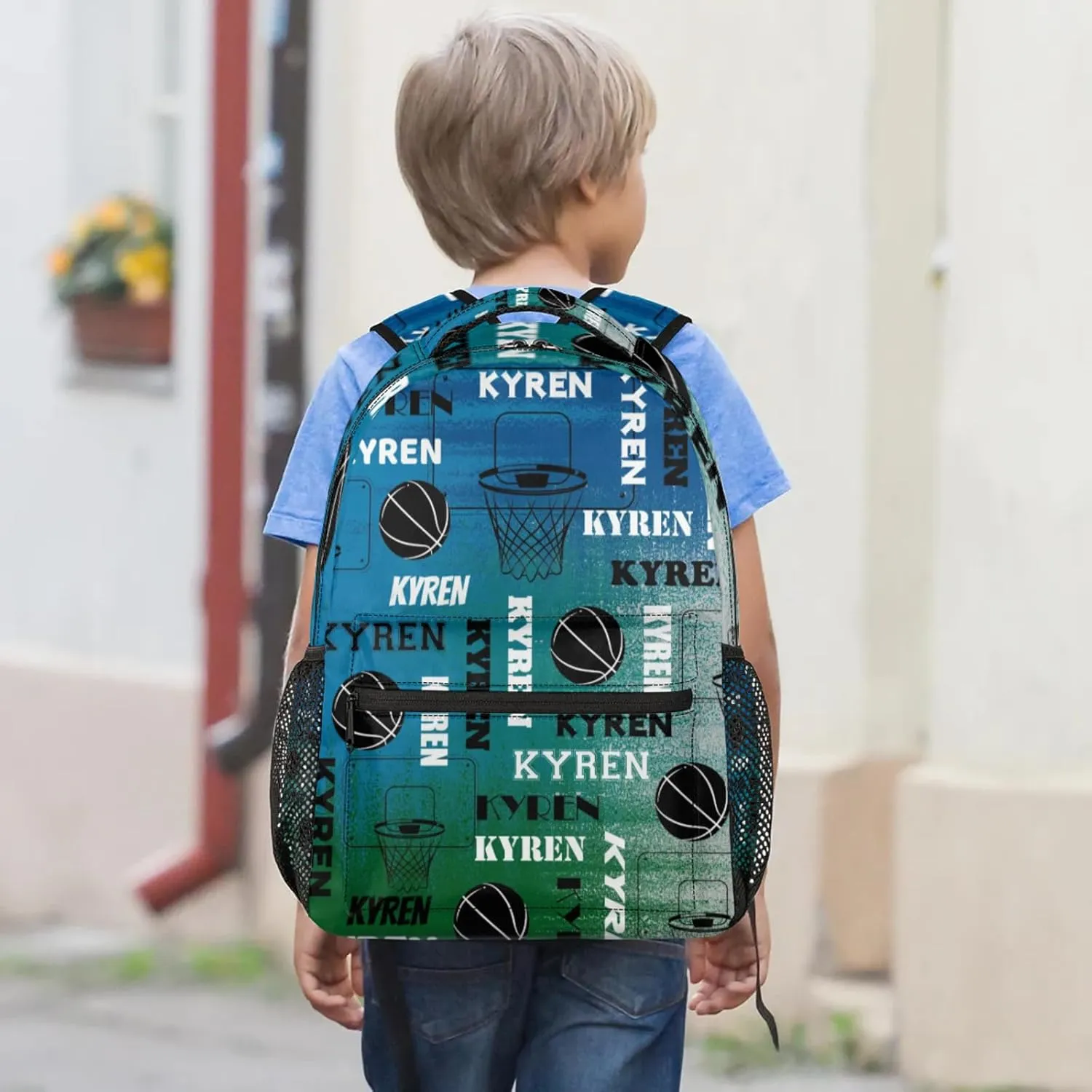 Personalized Basketball Backpack for Men Women, Custom Name Laptop Backpack, Customized Sports Bag Daypack for Travel Camping, Blue Green Gray