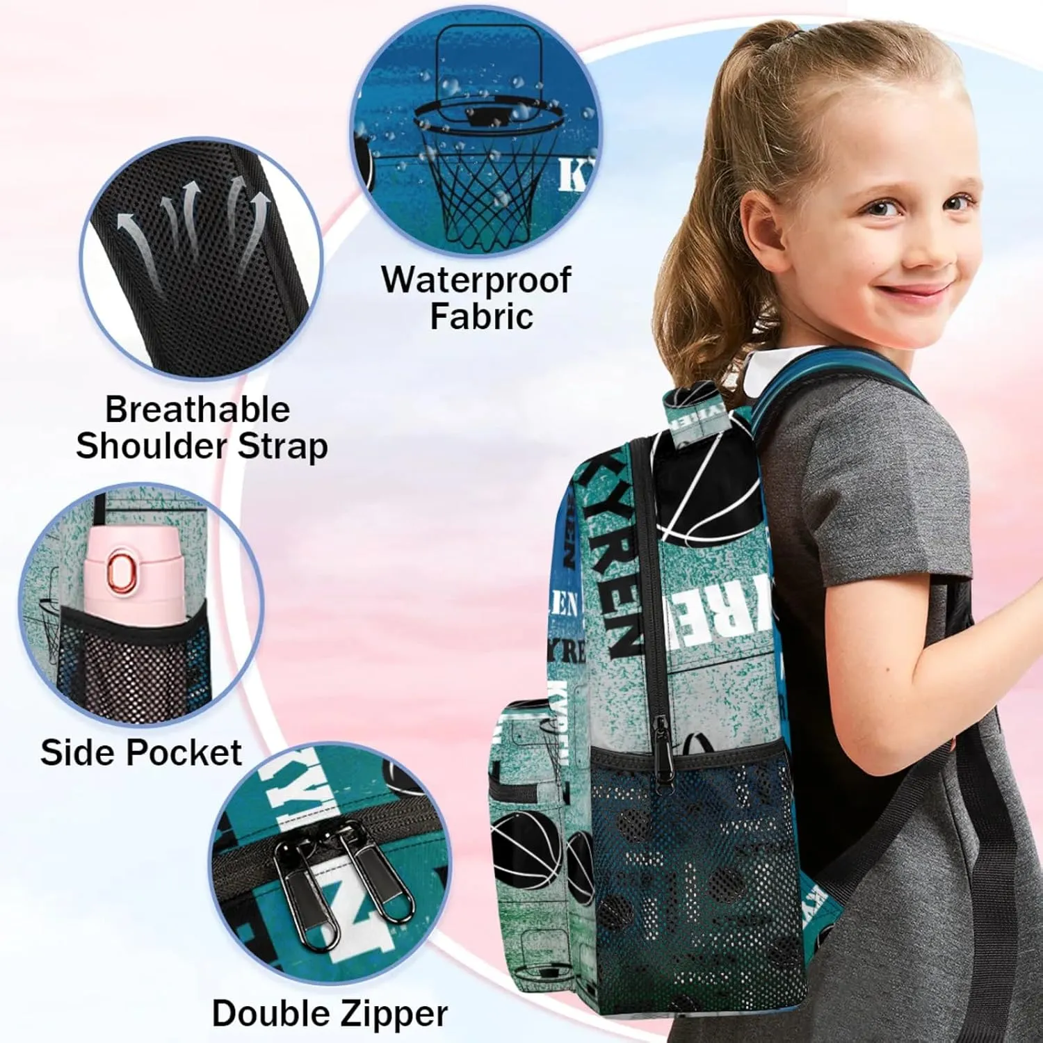 Personalized Basketball Backpack for Men Women, Custom Name Laptop Backpack, Customized Sports Bag Daypack for Travel Camping, Blue Green Gray