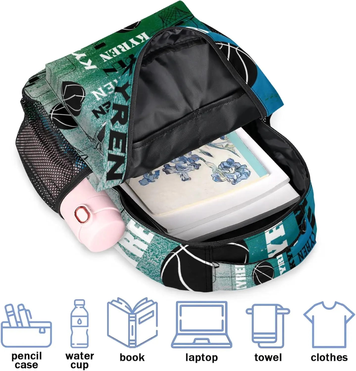 Personalized Basketball Backpack for Men Women, Custom Name Laptop Backpack, Customized Sports Bag Daypack for Travel Camping, Blue Green Gray