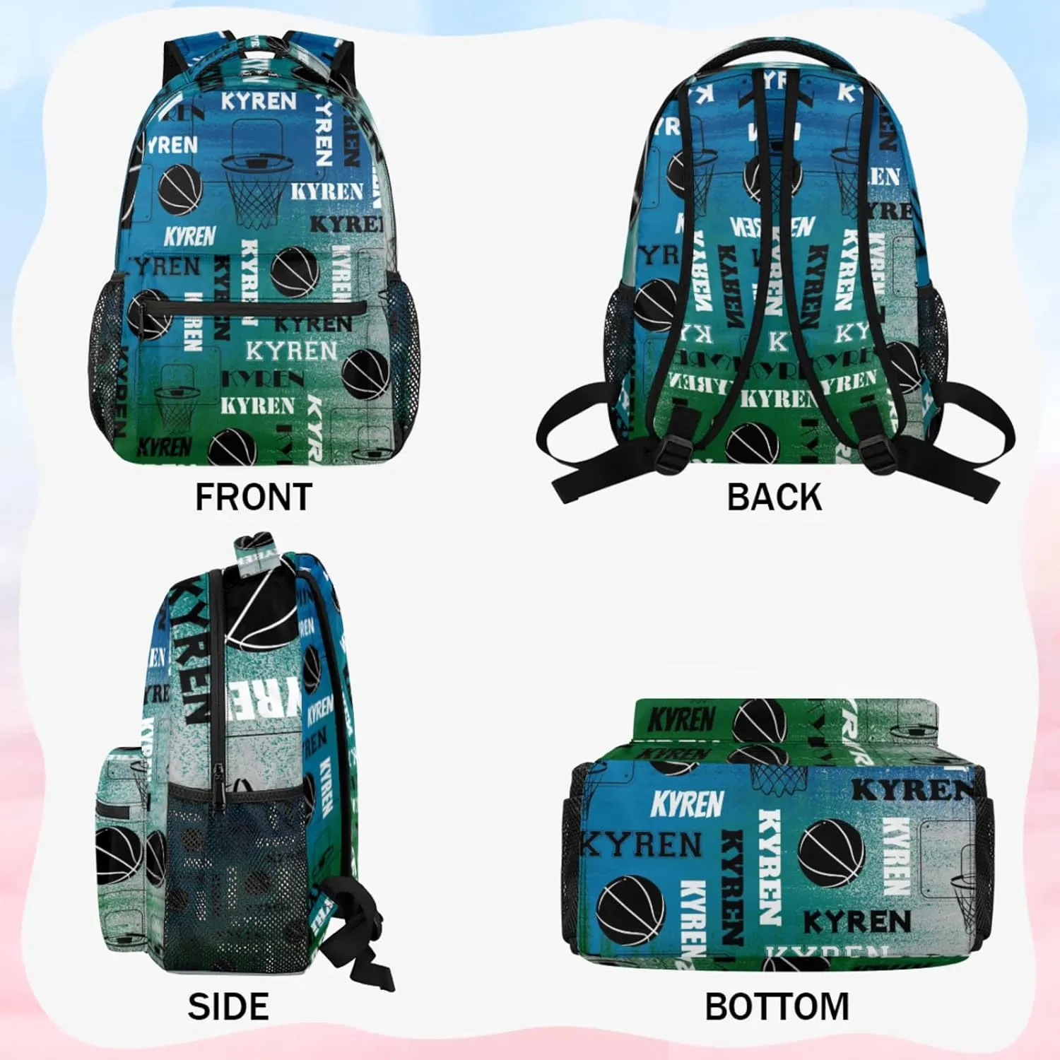 Personalized Basketball Backpack for Men Women, Custom Name Laptop Backpack, Customized Sports Bag Daypack for Travel Camping, Blue Green Gray