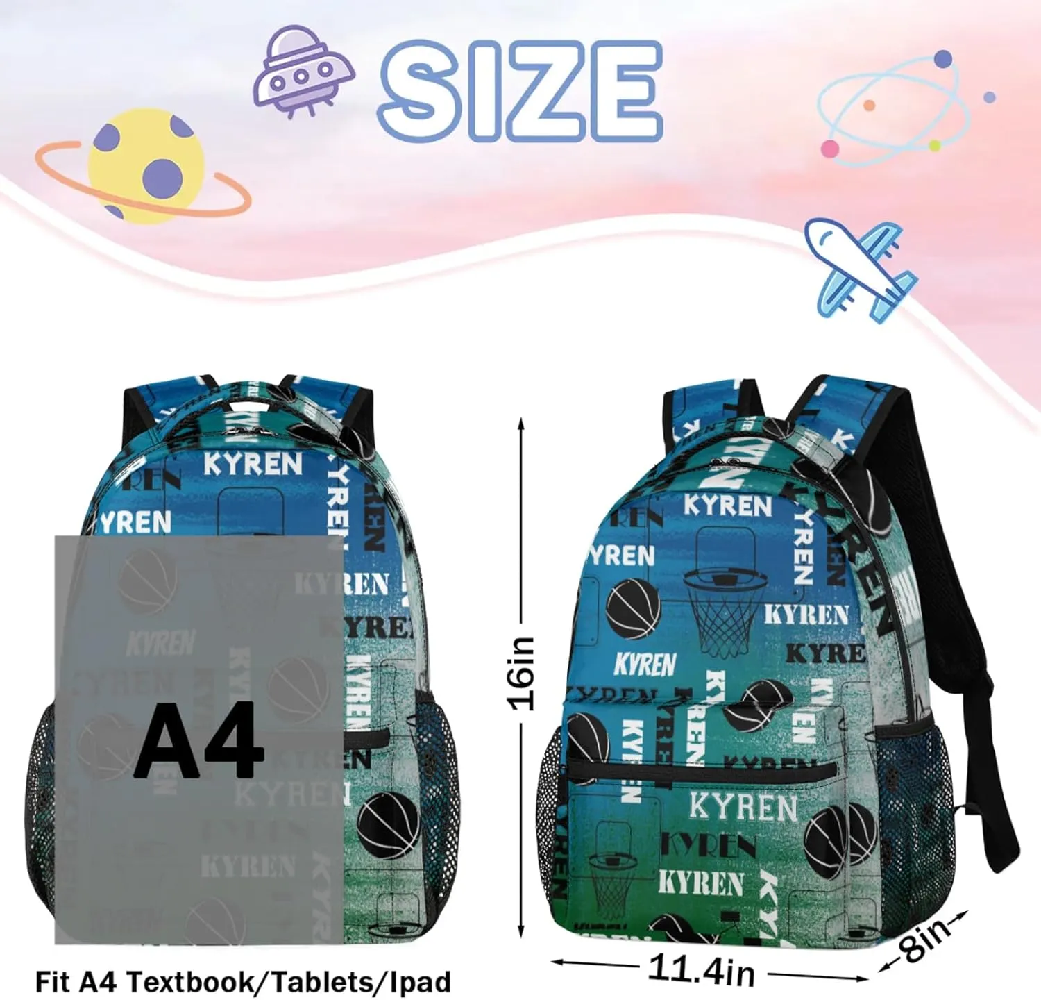 Personalized Basketball Backpack for Men Women, Custom Name Laptop Backpack, Customized Sports Bag Daypack for Travel Camping, Blue Green Gray