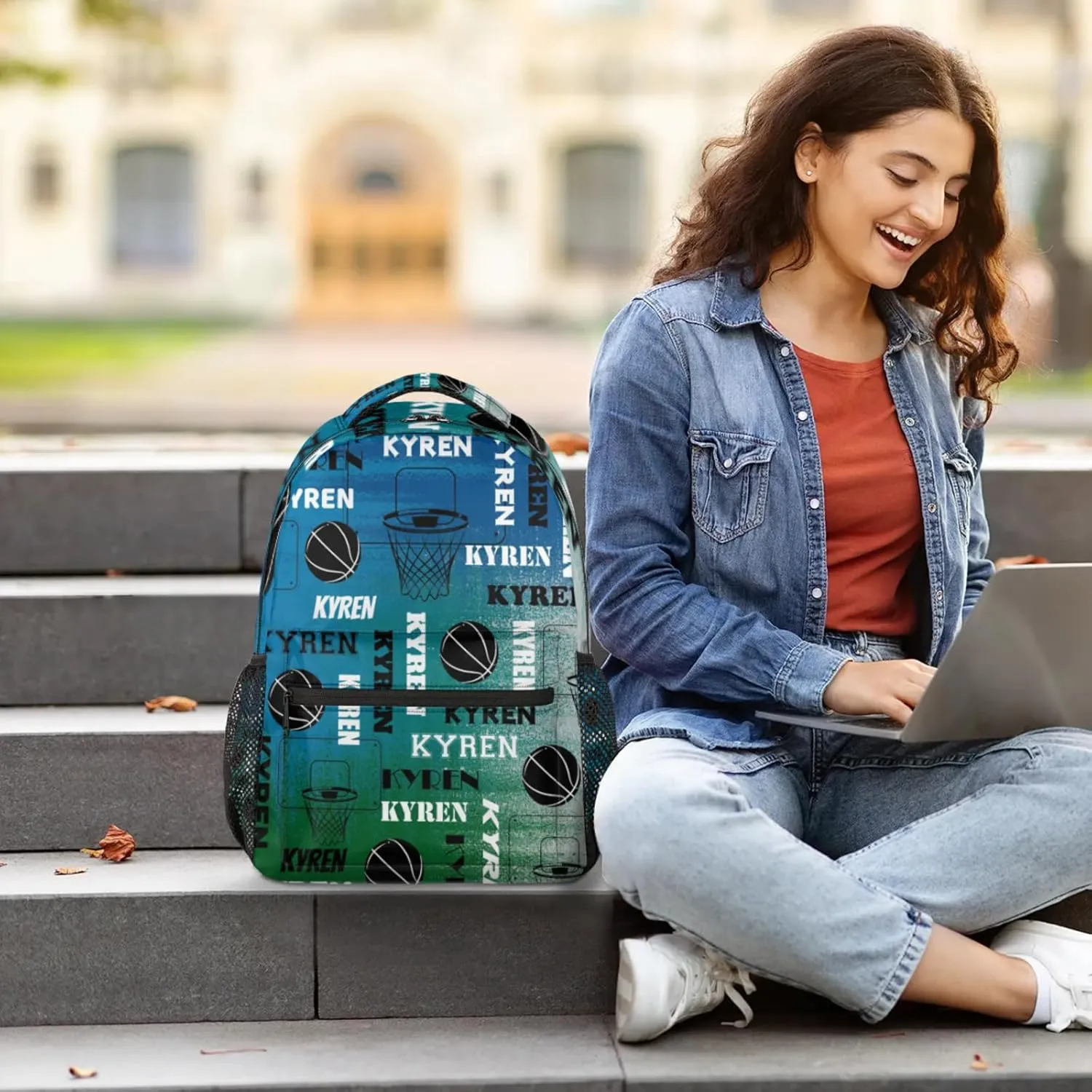 Personalized Basketball Backpack for Men Women, Custom Name Laptop Backpack, Customized Sports Bag Daypack for Travel Camping, Blue Green Gray