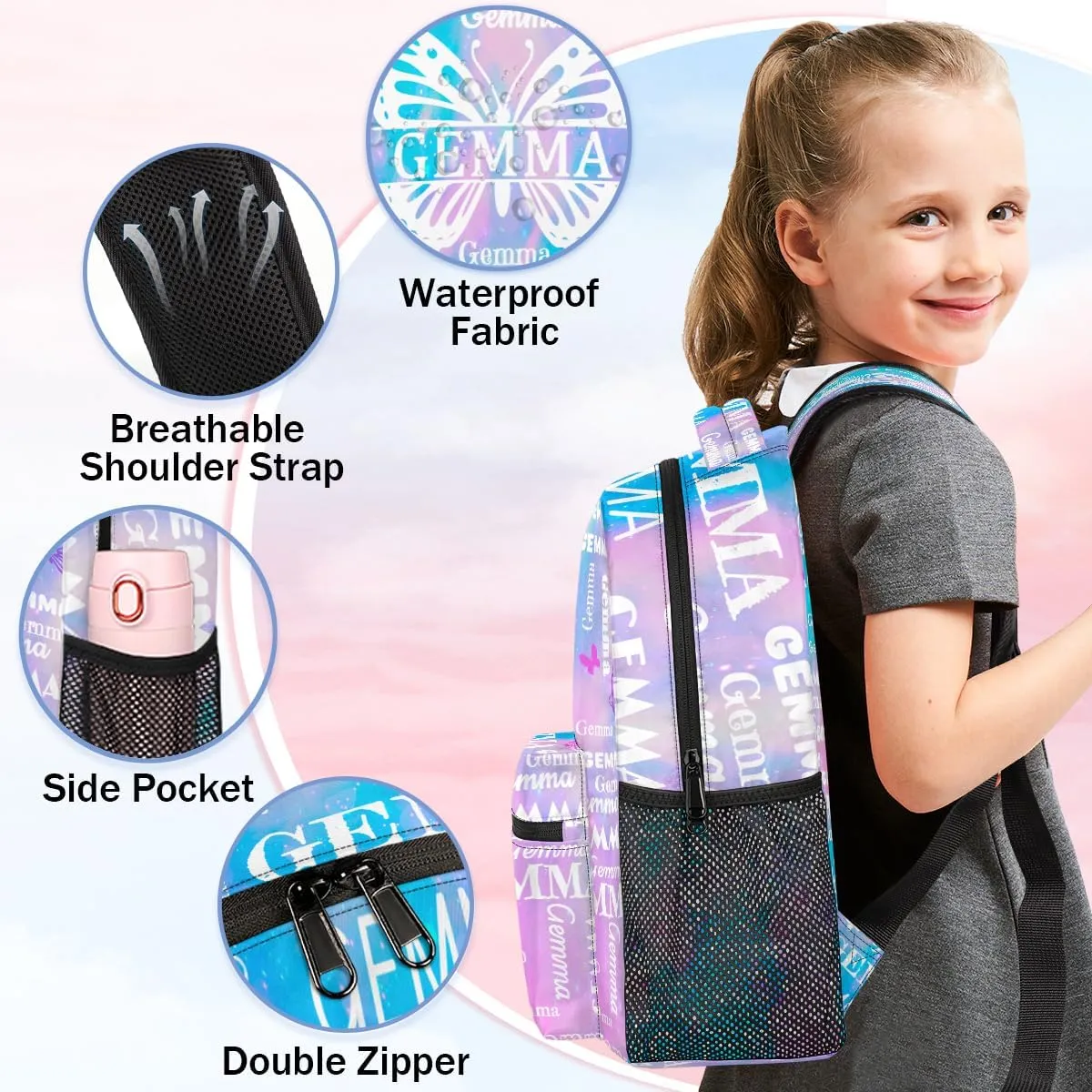 Personalized Butterfly Backpack with Name Large Customized Shoulder Bag Gifts for Women Men Waterproof Casual Daypack Laptop Bag 16in, Blue Pink Glitter