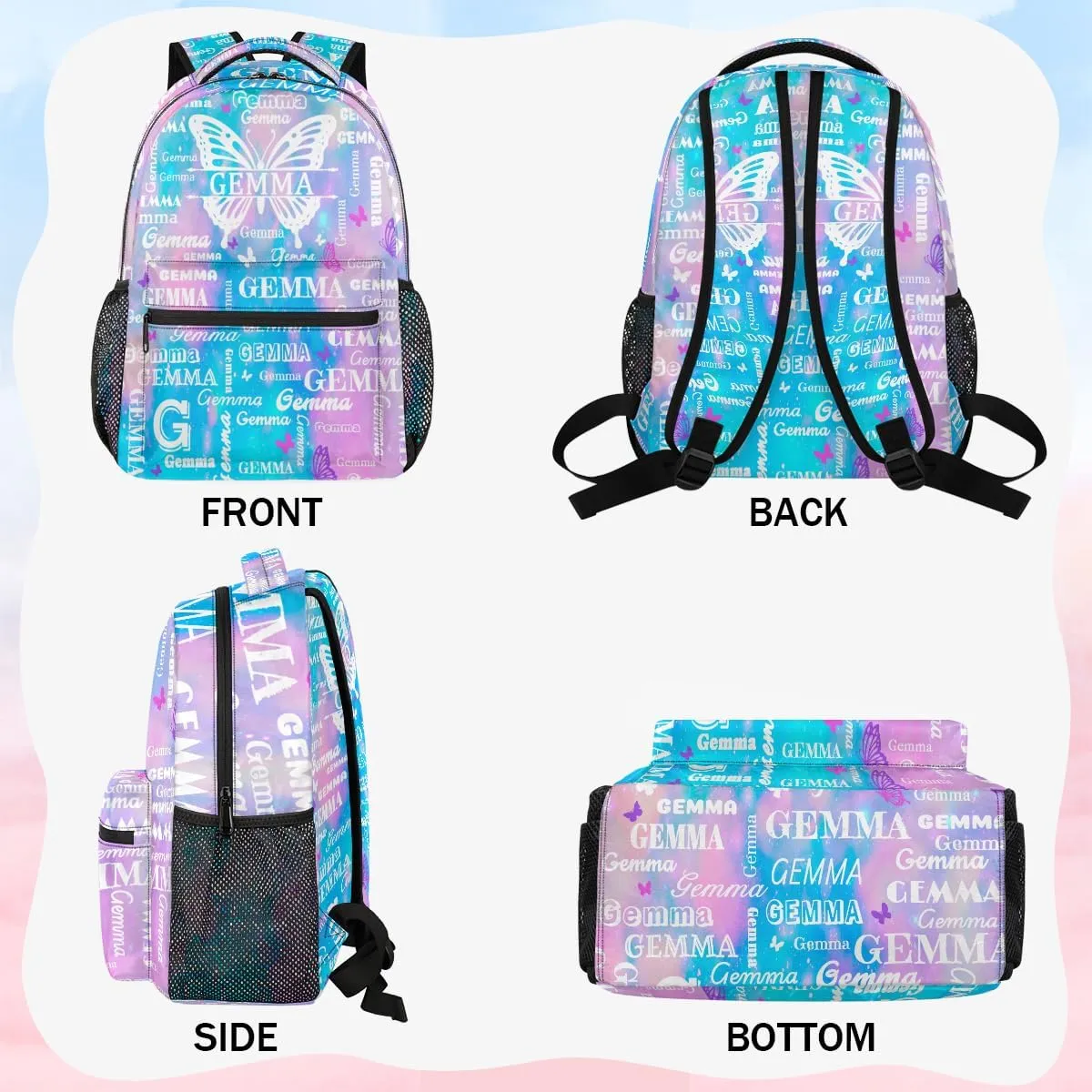 Personalized Butterfly Backpack with Name Large Customized Shoulder Bag Gifts for Women Men Waterproof Casual Daypack Laptop Bag 16in, Blue Pink Glitter