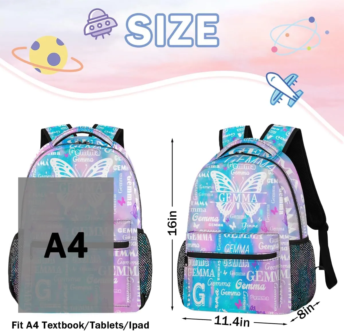 Personalized Butterfly Backpack with Name Large Customized Shoulder Bag Gifts for Women Men Waterproof Casual Daypack Laptop Bag 16in, Blue Pink Glitter