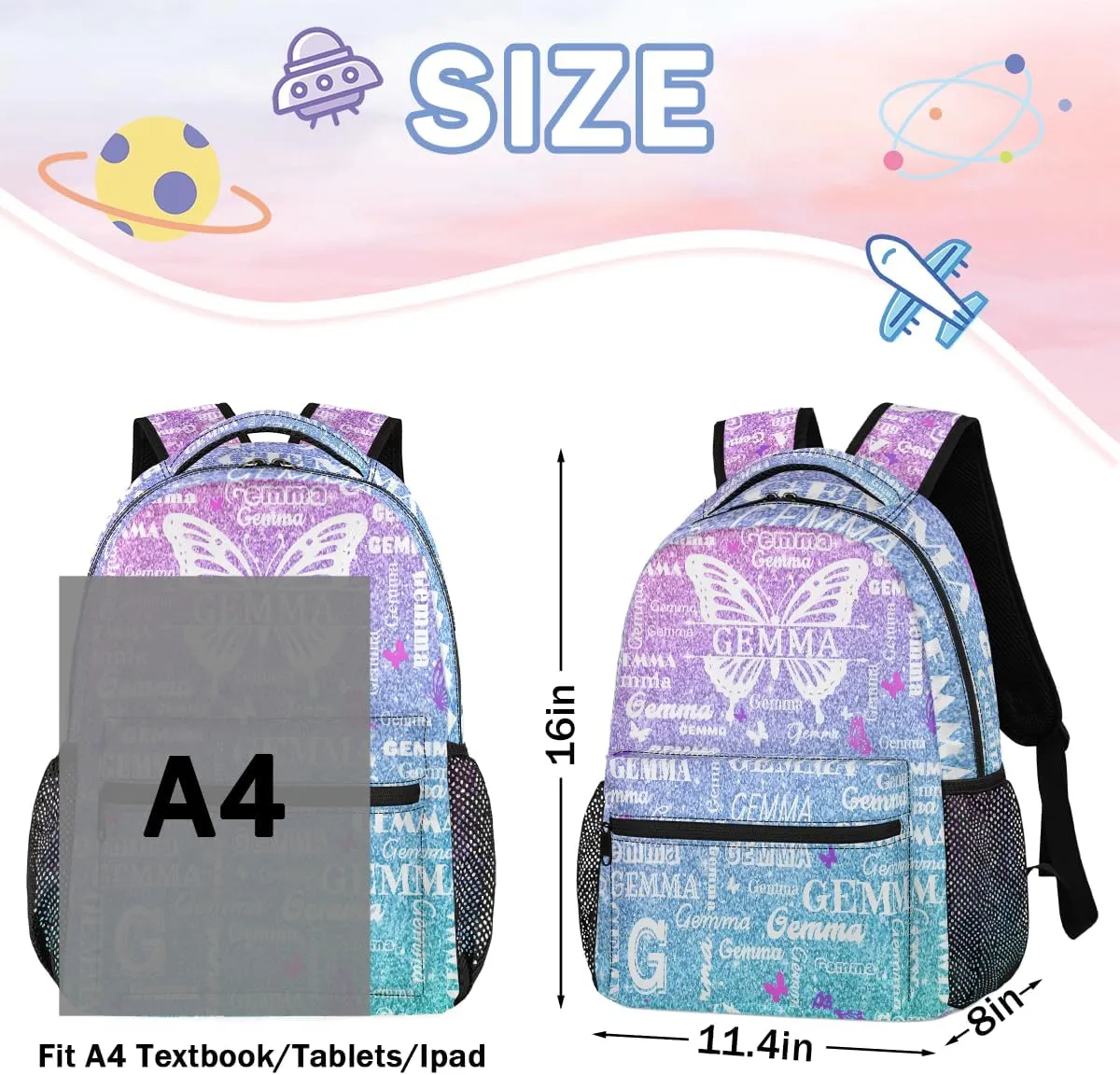 Personalized Butterfly Backpack with Name Large Customized Shoulder Bag Gifts for Women Men Waterproof Casual Daypack Laptop Bag 16in, Gradient Blue