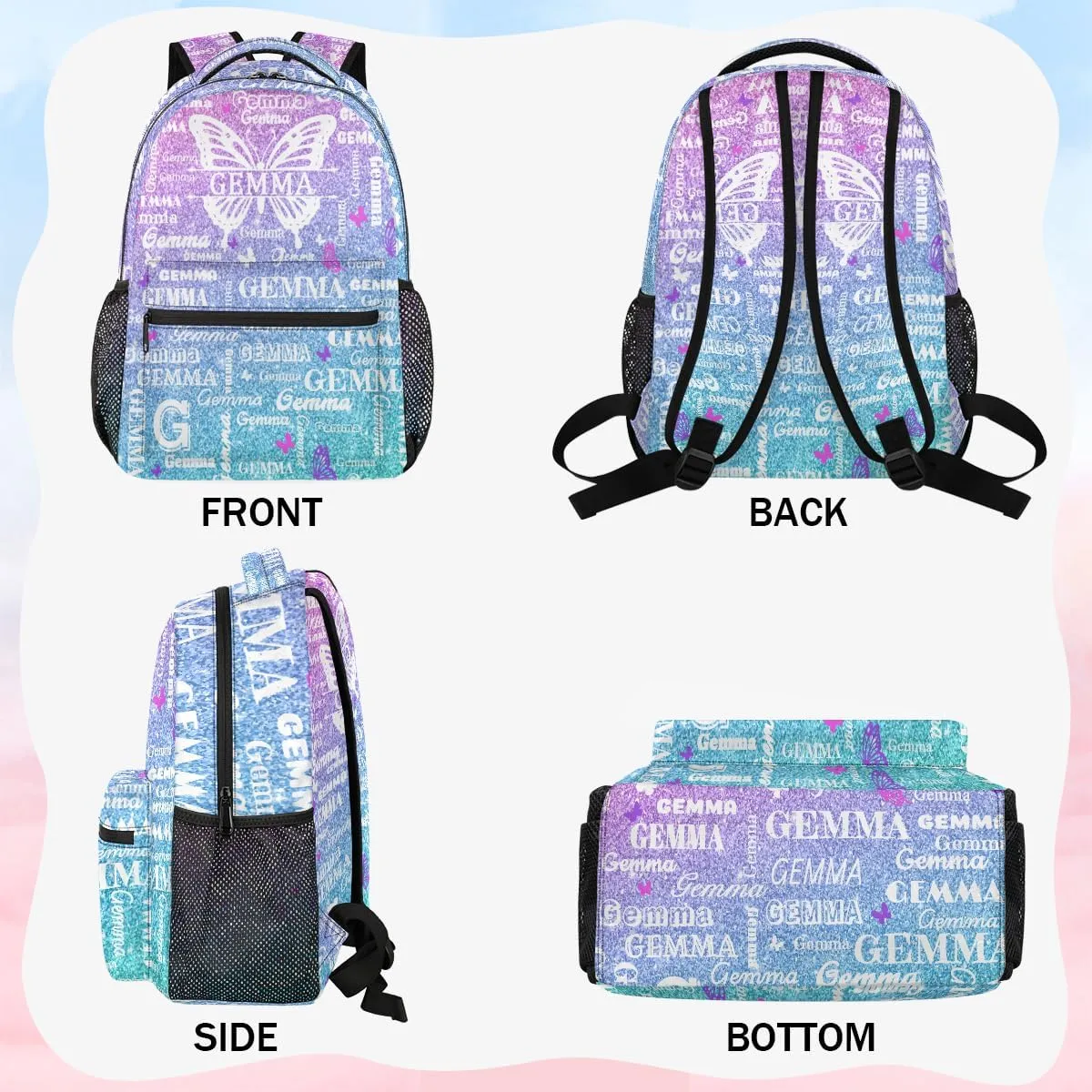 Personalized Butterfly Backpack with Name Large Customized Shoulder Bag Gifts for Women Men Waterproof Casual Daypack Laptop Bag 16in, Gradient Blue