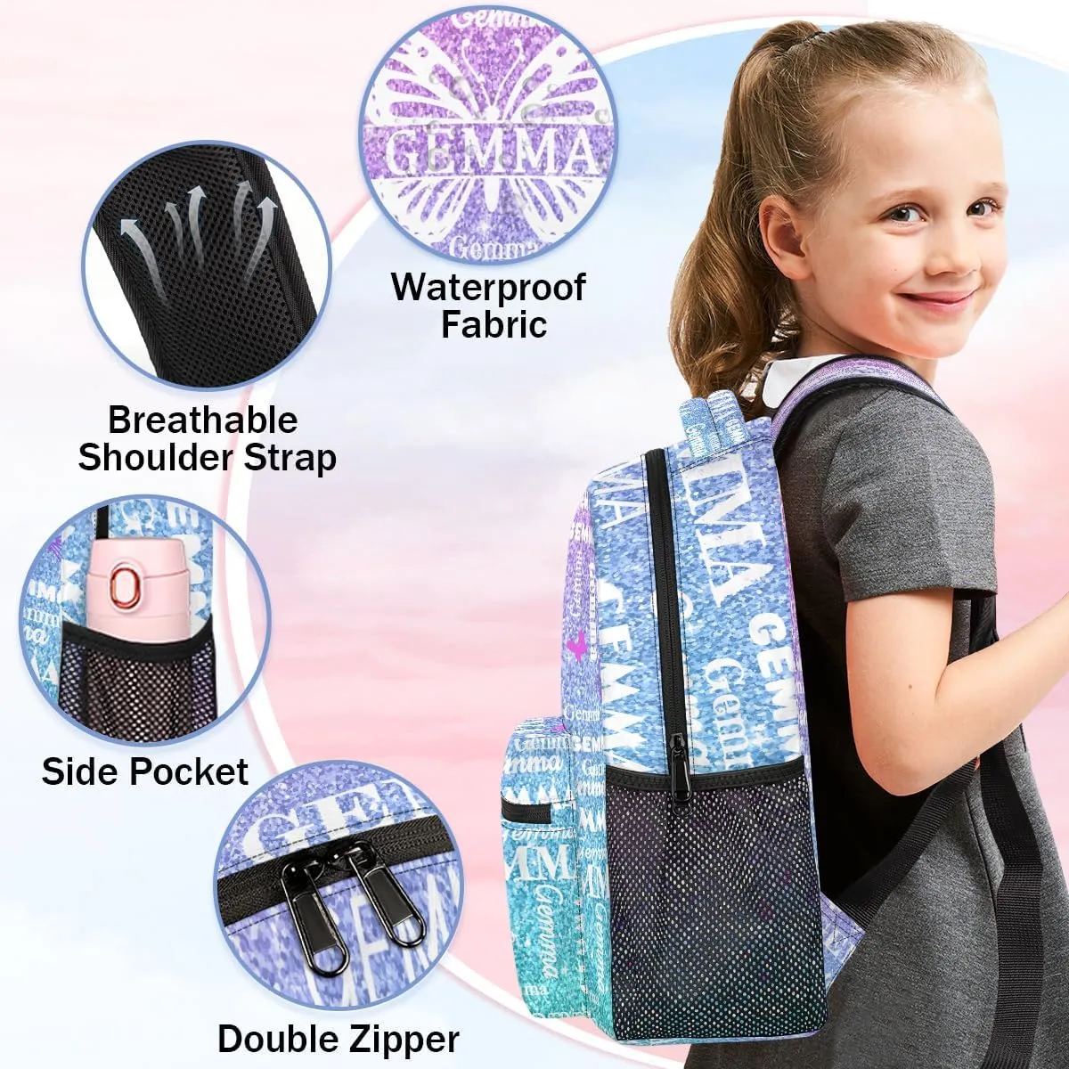 Personalized Butterfly Backpack with Name Large Customized Shoulder Bag Gifts for Women Men Waterproof Casual Daypack Laptop Bag 16in, Gradient Blue