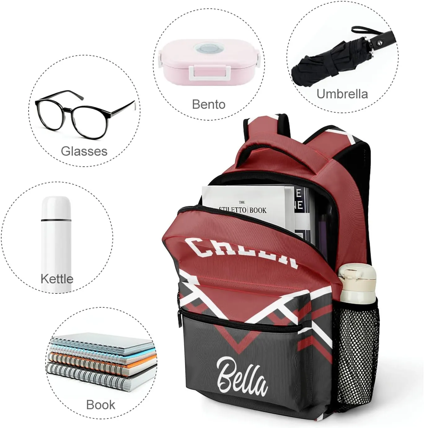 Personalized Cheerleaders Red Backpack with Name Waterproof Bag for Women Men Gift