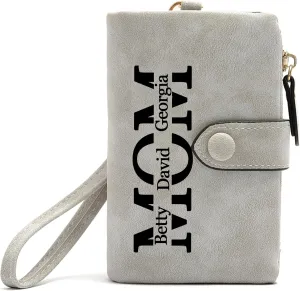 Personalized Gifts for Mom - Custom Womens Wallet with Names, Gifts for Mothers Day Mom Birthday - Customized Ladies Wristlet Wallet Coin Purse Bifold Cards Holder, Gray