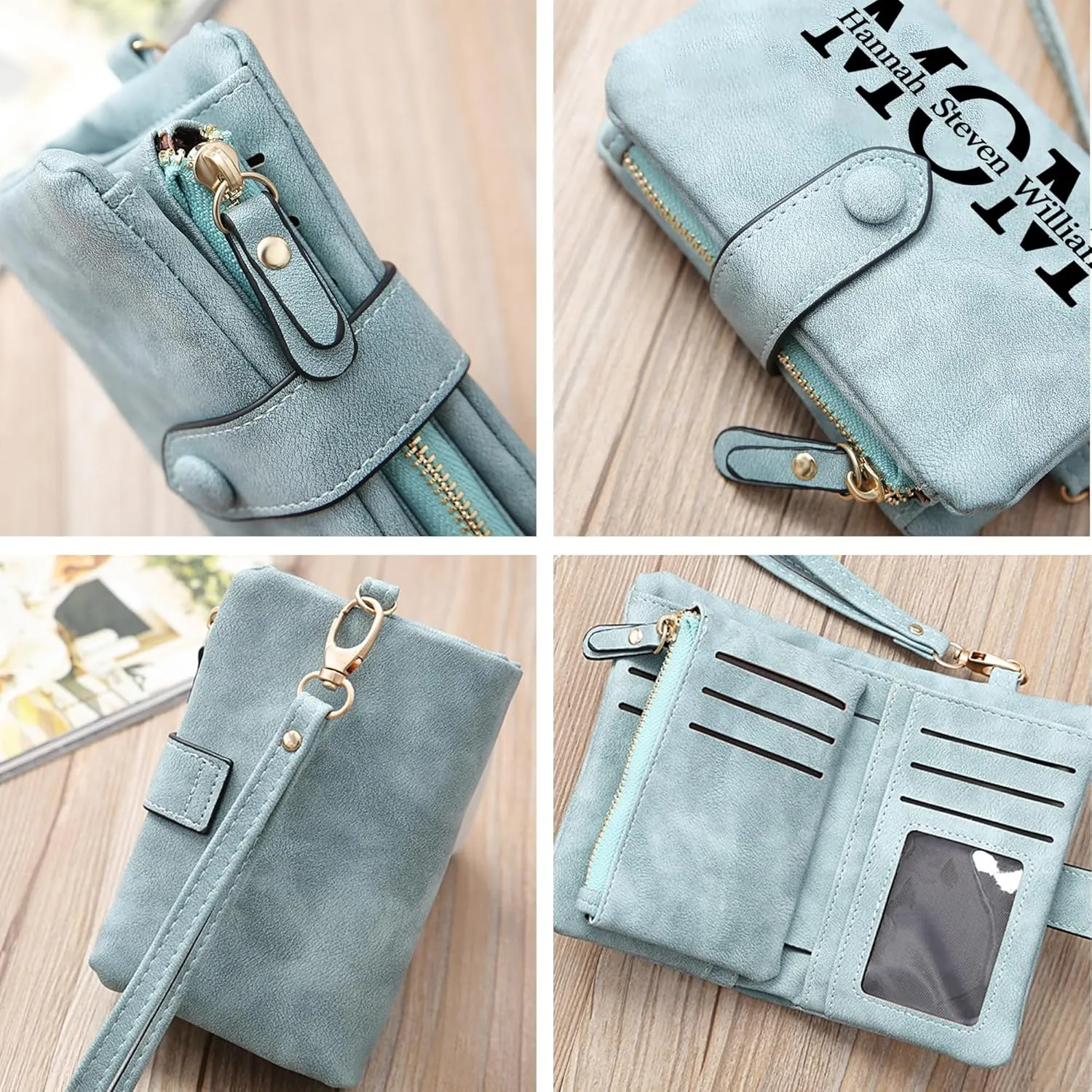 Personalized Gifts for Mom - Custom Womens Wallet with Names, Gifts for Mothers Day Mom Birthday - Customized Ladies Wristlet Wallet Coin Purse Bifold Cards Holder, Gray