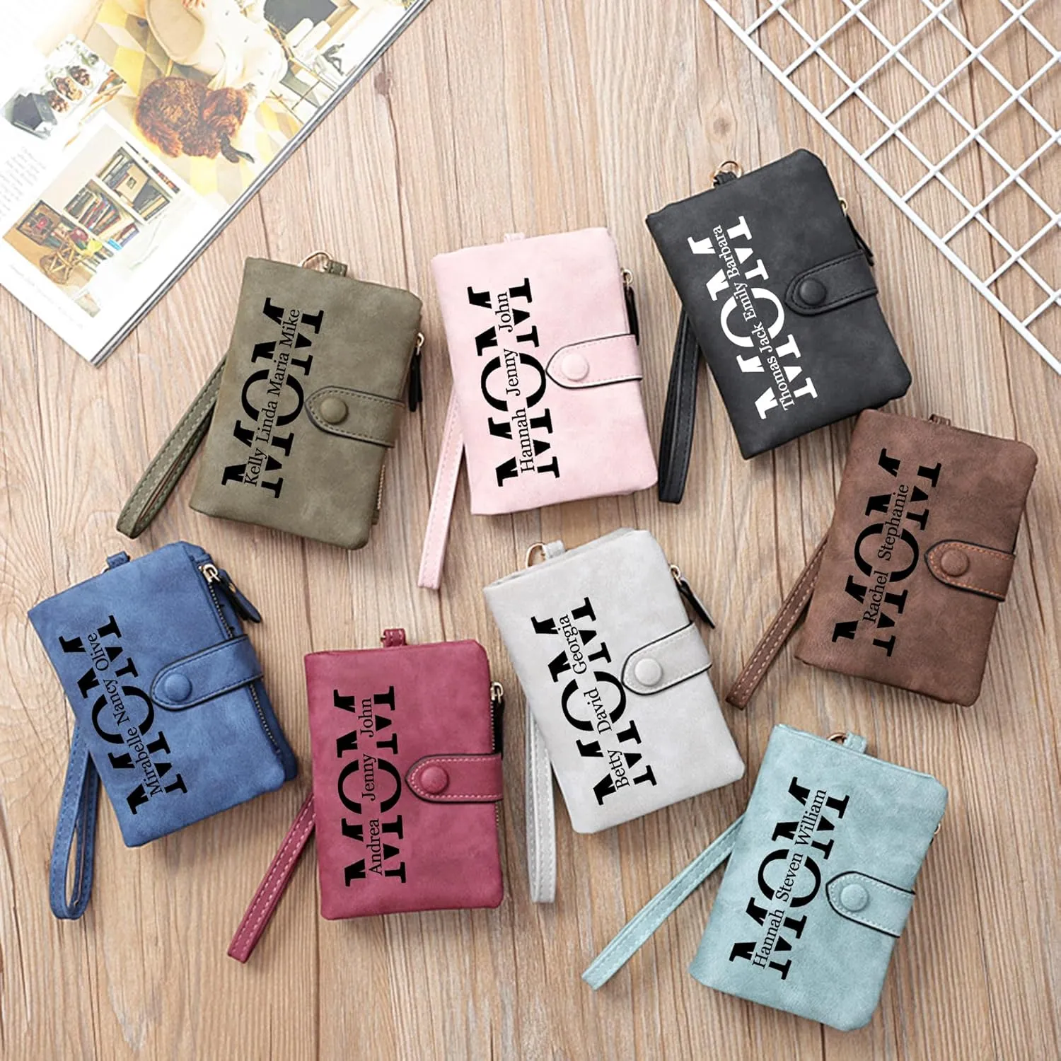 Personalized Gifts for Mom - Custom Womens Wallet with Names, Gifts for Mothers Day Mom Birthday - Customized Ladies Wristlet Wallet Coin Purse Bifold Cards Holder, Gray