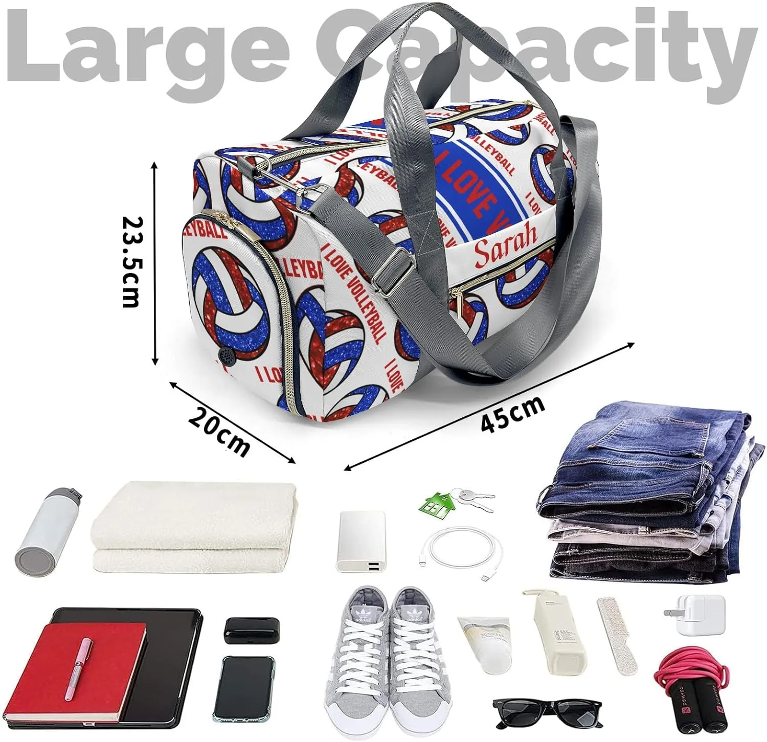 Personalized I Love Volleyball Custom Multi-functional Travel Bag, Unisex Portable Duffel Bag, Short Distance Travel Assistant