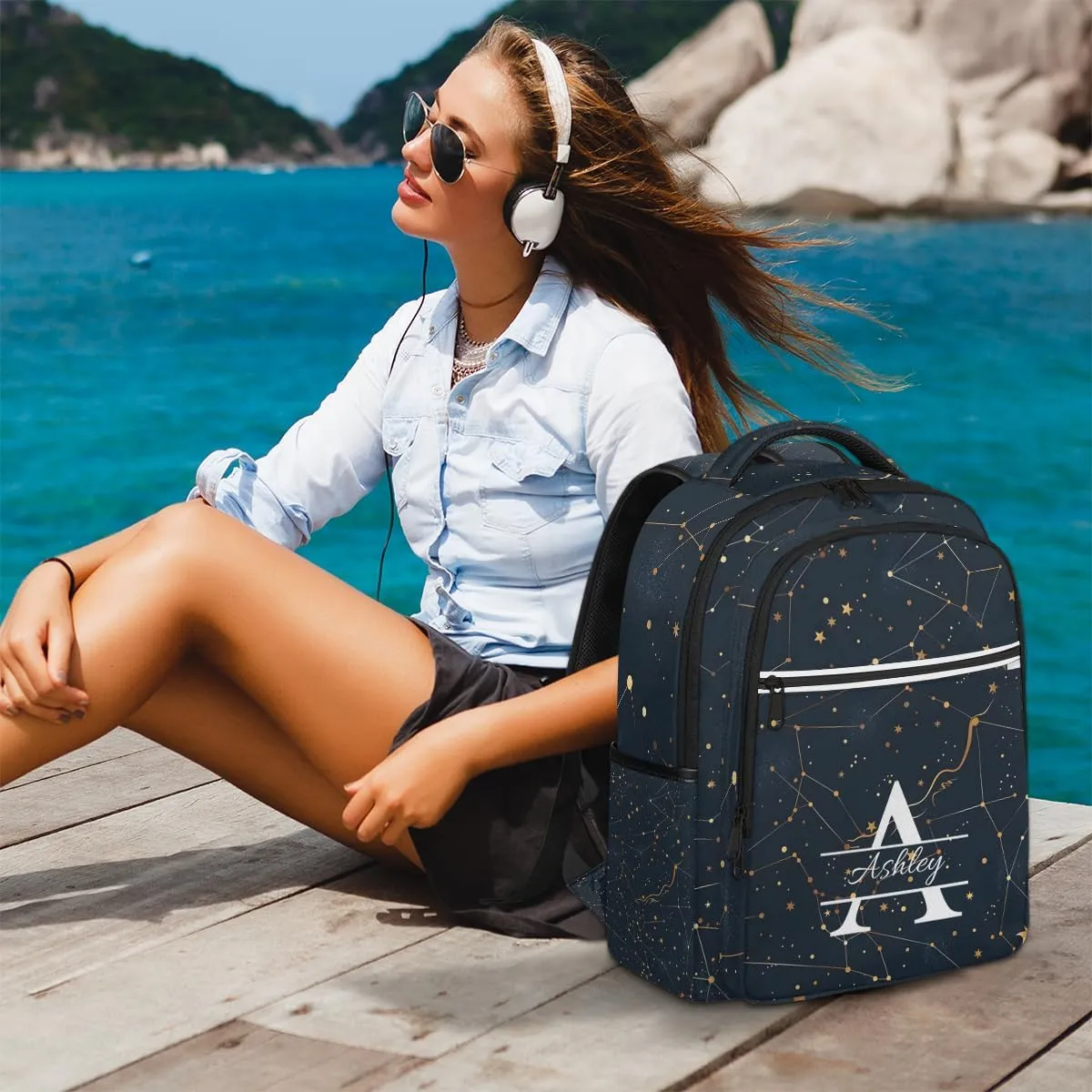 Personalized Laptop Backpack with Initial & Name Customized Shoulder Bag for Women Waterproof Travel Casual Daypack Gifts 16.1in, Cosmos Sky Galaxy Universe
