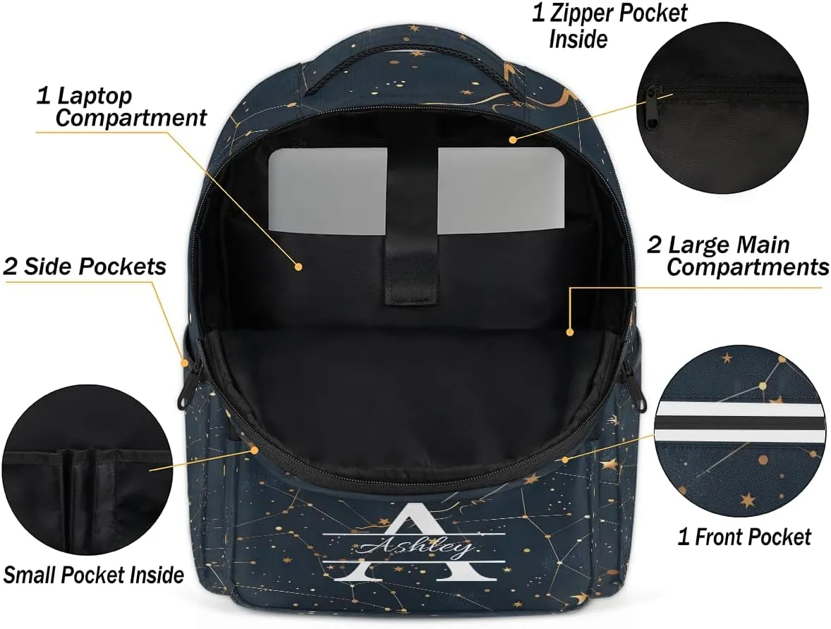 Personalized Laptop Backpack with Initial & Name Customized Shoulder Bag for Women Waterproof Travel Casual Daypack Gifts 16.1in, Cosmos Sky Galaxy Universe
