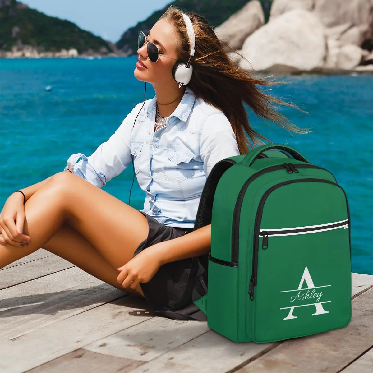 Personalized Laptop Backpack with Initial & Name Customized Shoulder Bag for Women Waterproof Travel Casual Daypack Gifts 16.1in, Dark Green