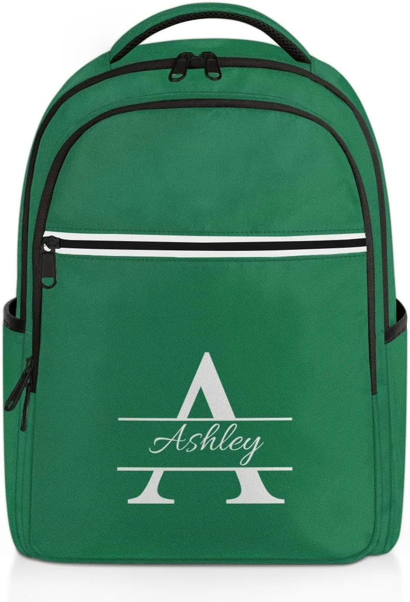 Personalized Laptop Backpack with Initial & Name Customized Shoulder Bag for Women Waterproof Travel Casual Daypack Gifts 16.1in, Dark Green