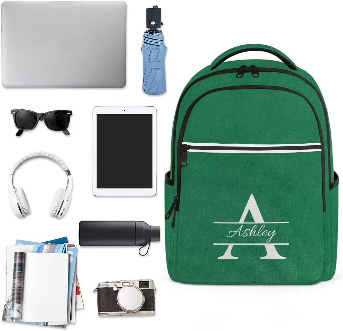 Personalized Laptop Backpack with Initial & Name Customized Shoulder Bag for Women Waterproof Travel Casual Daypack Gifts 16.1in, Dark Green