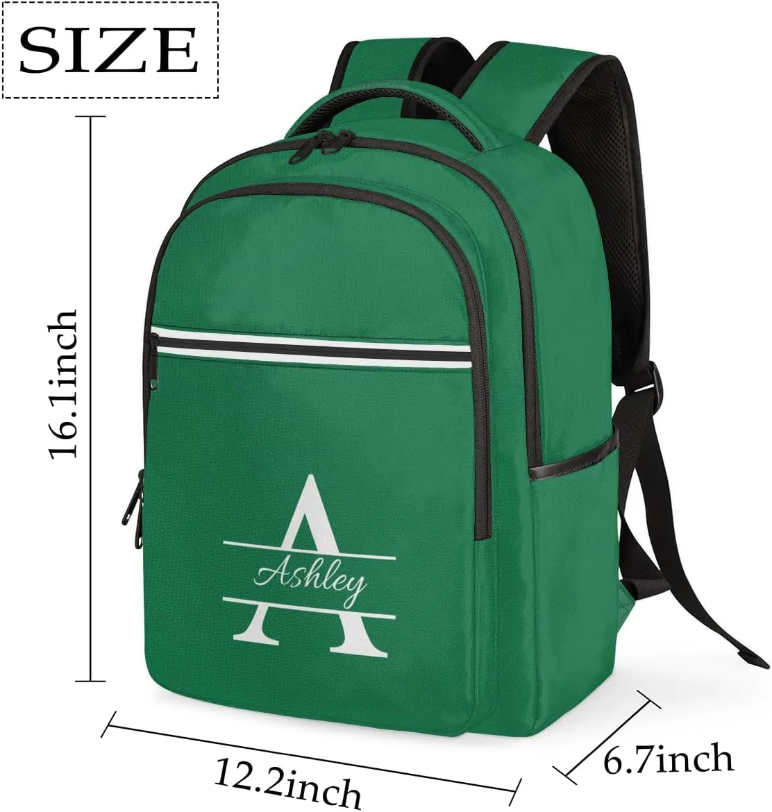 Personalized Laptop Backpack with Initial & Name Customized Shoulder Bag for Women Waterproof Travel Casual Daypack Gifts 16.1in, Dark Green