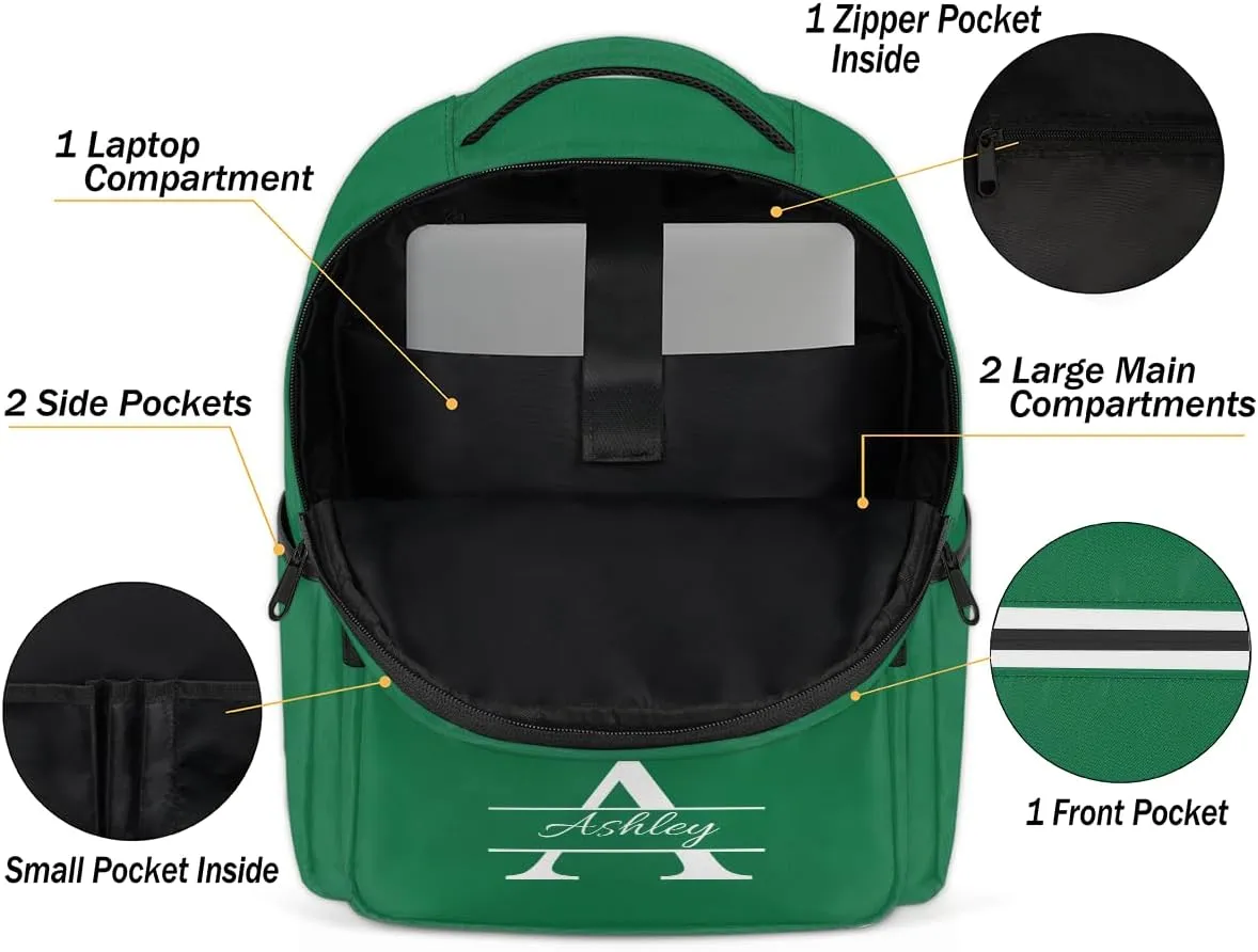 Personalized Laptop Backpack with Initial & Name Customized Shoulder Bag for Women Waterproof Travel Casual Daypack Gifts 16.1in, Dark Green