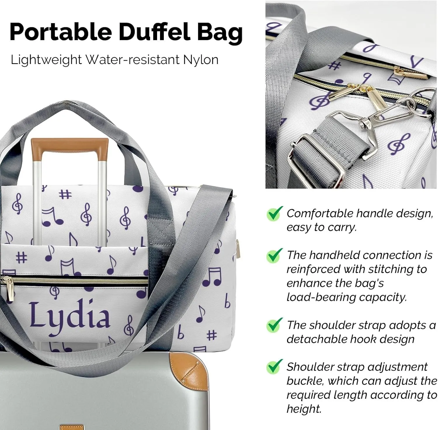 Personalized Musical Note Clef Violet Custom Multi-functional Travel Bag, Unisex Portable Duffel Bag, Short Distance Travel Assistant.