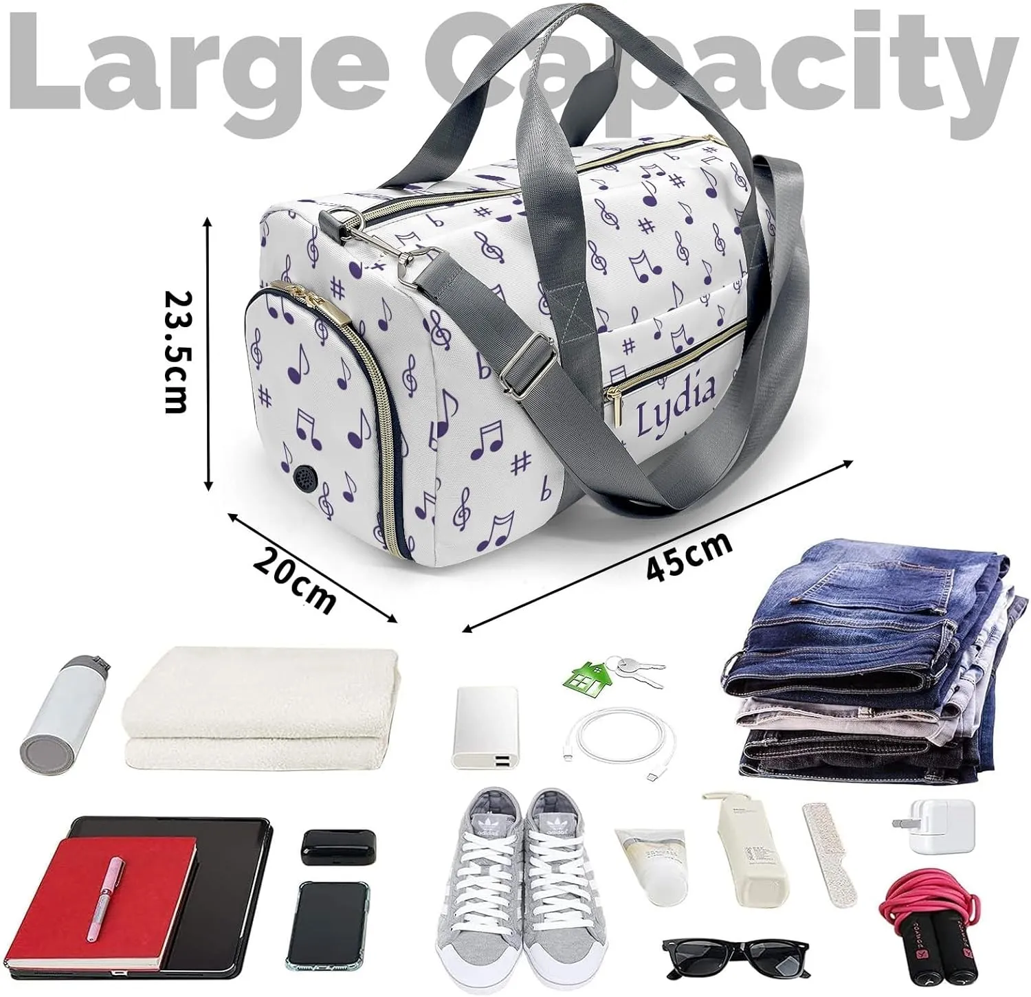 Personalized Musical Note Clef Violet Custom Multi-functional Travel Bag, Unisex Portable Duffel Bag, Short Distance Travel Assistant.