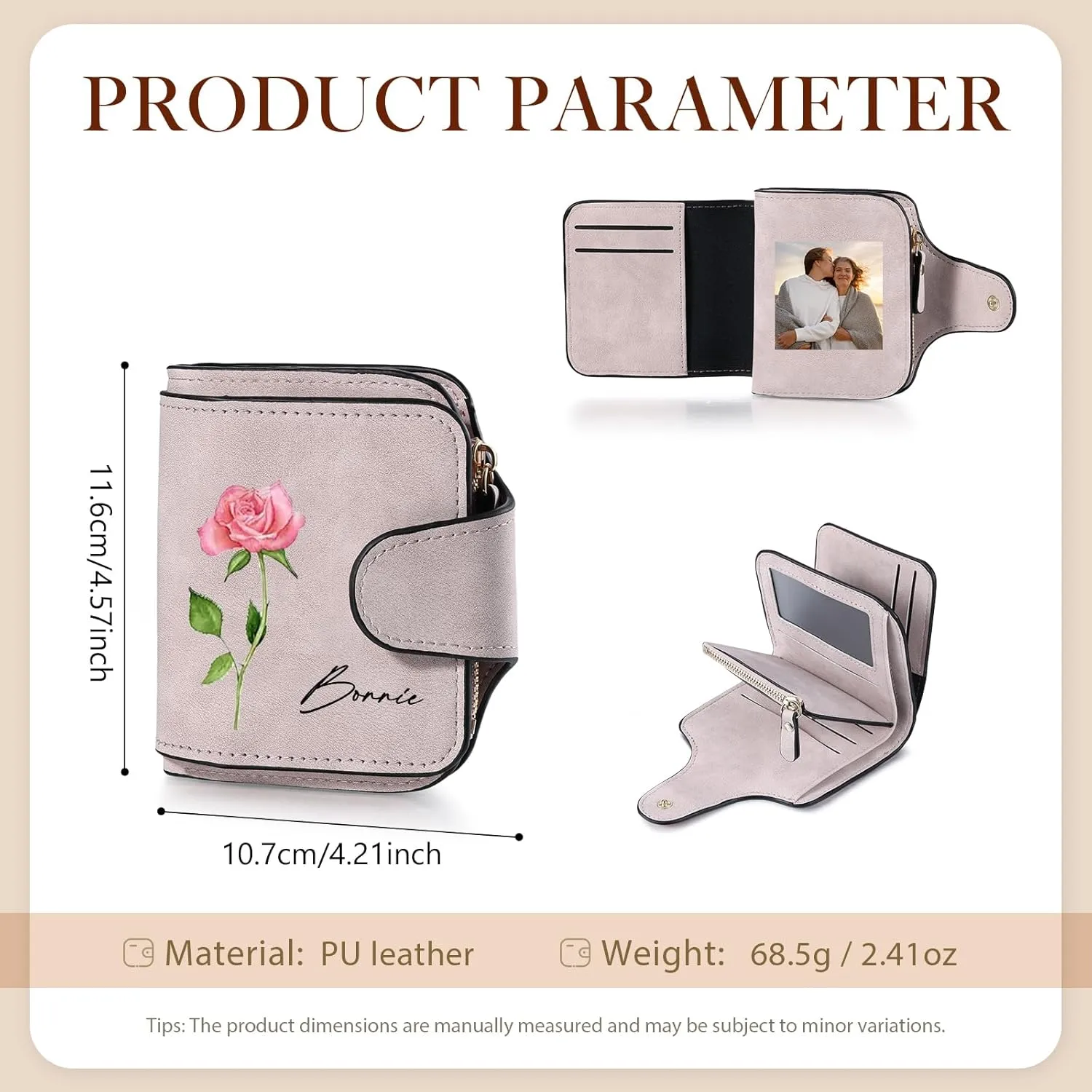 Personalized Photo Wallet for Women, Custom Birth Flower & Name Detachable Leather Wristlet, Stylish Card Holder Purse with Zipper Large Capacity Wallet Mother's Day Gifts for Mom